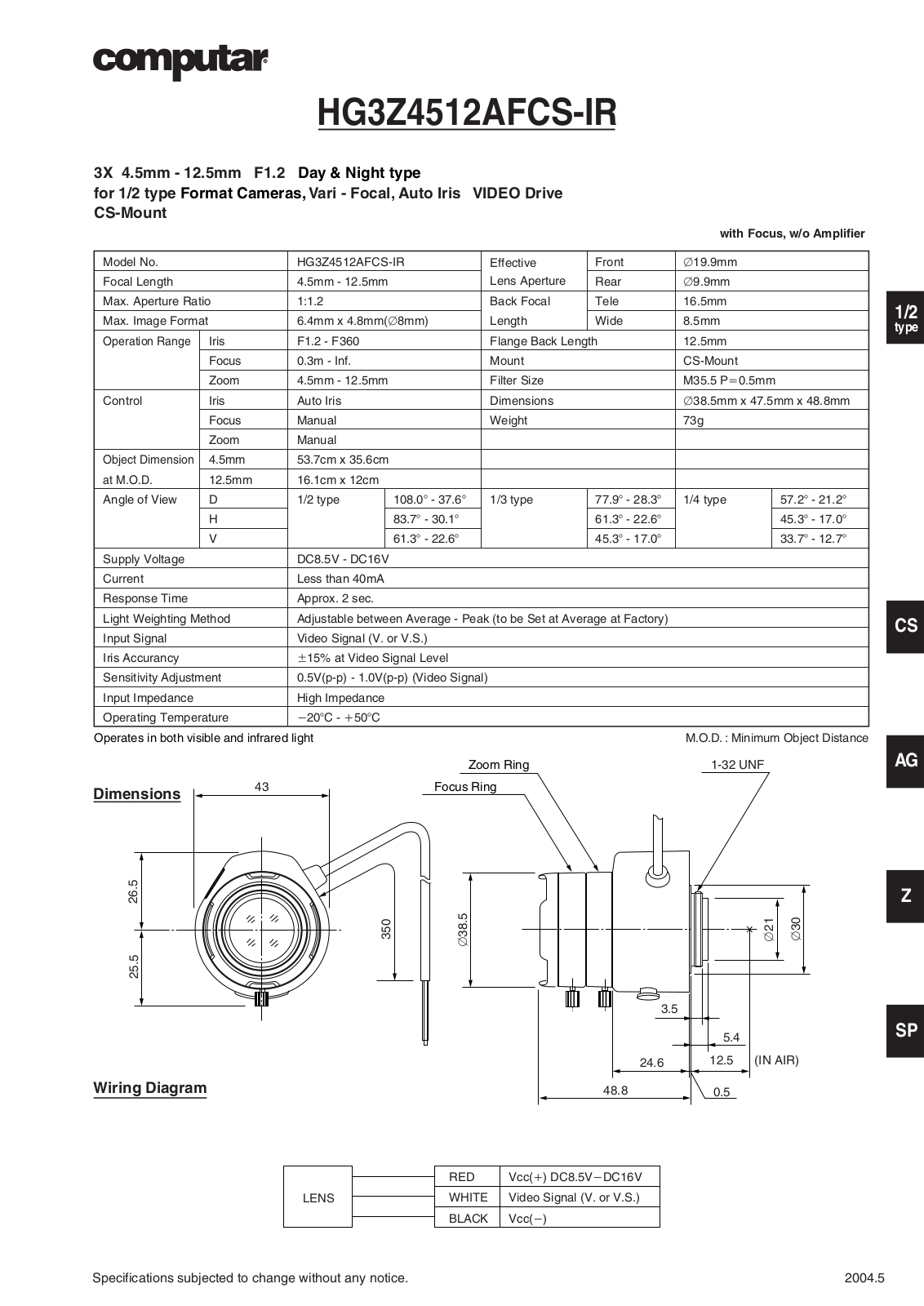 Computar HG3Z4512AFCS-IR Specsheet