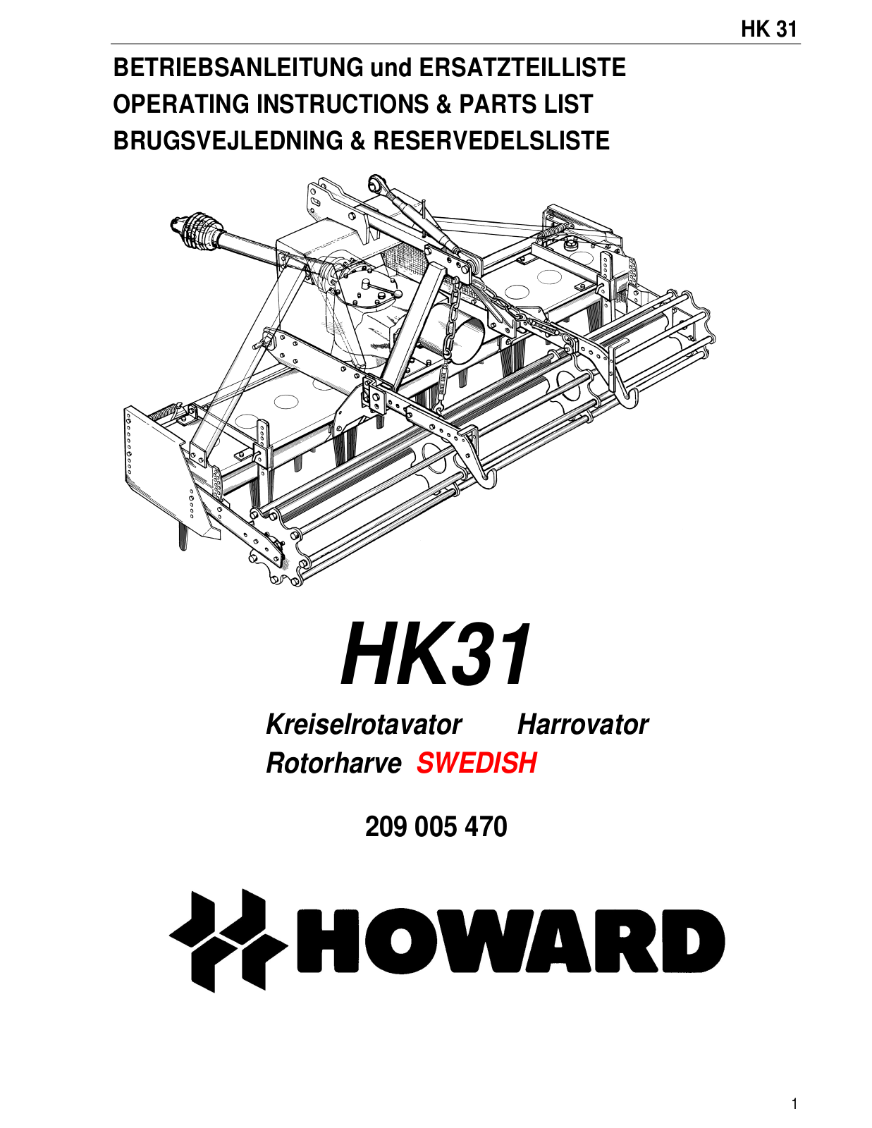 Howard HK31 Operating Instructions & Parts List Manual