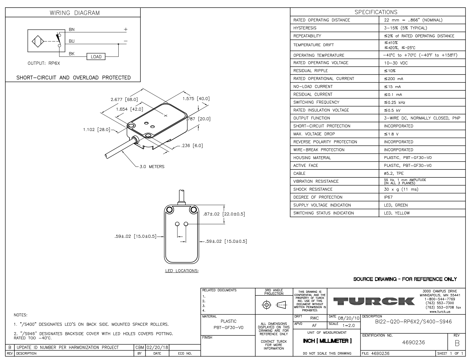 Turck BI22-Q20-RP6X2/S400-S946 Data Sheet