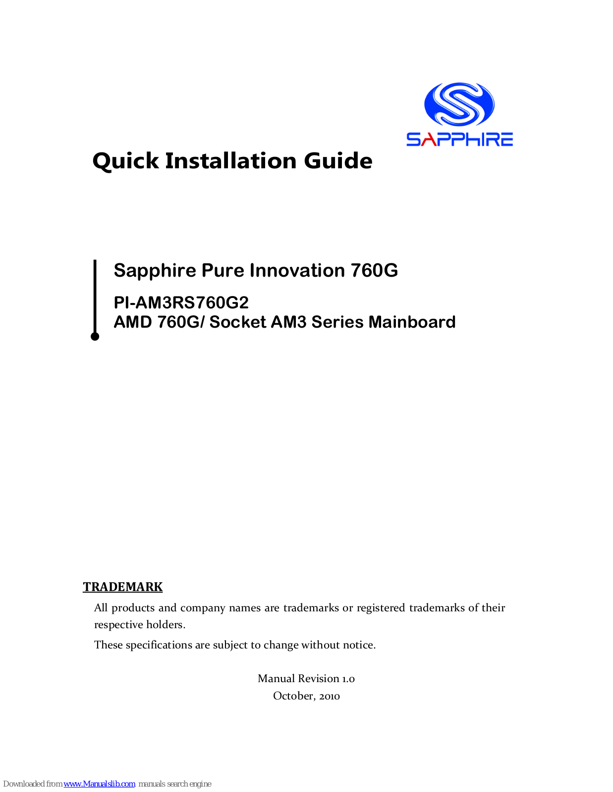 Sapphire Audio Pure Innovation 760G,PI-AM3RS760G2 Quick Installation Manual