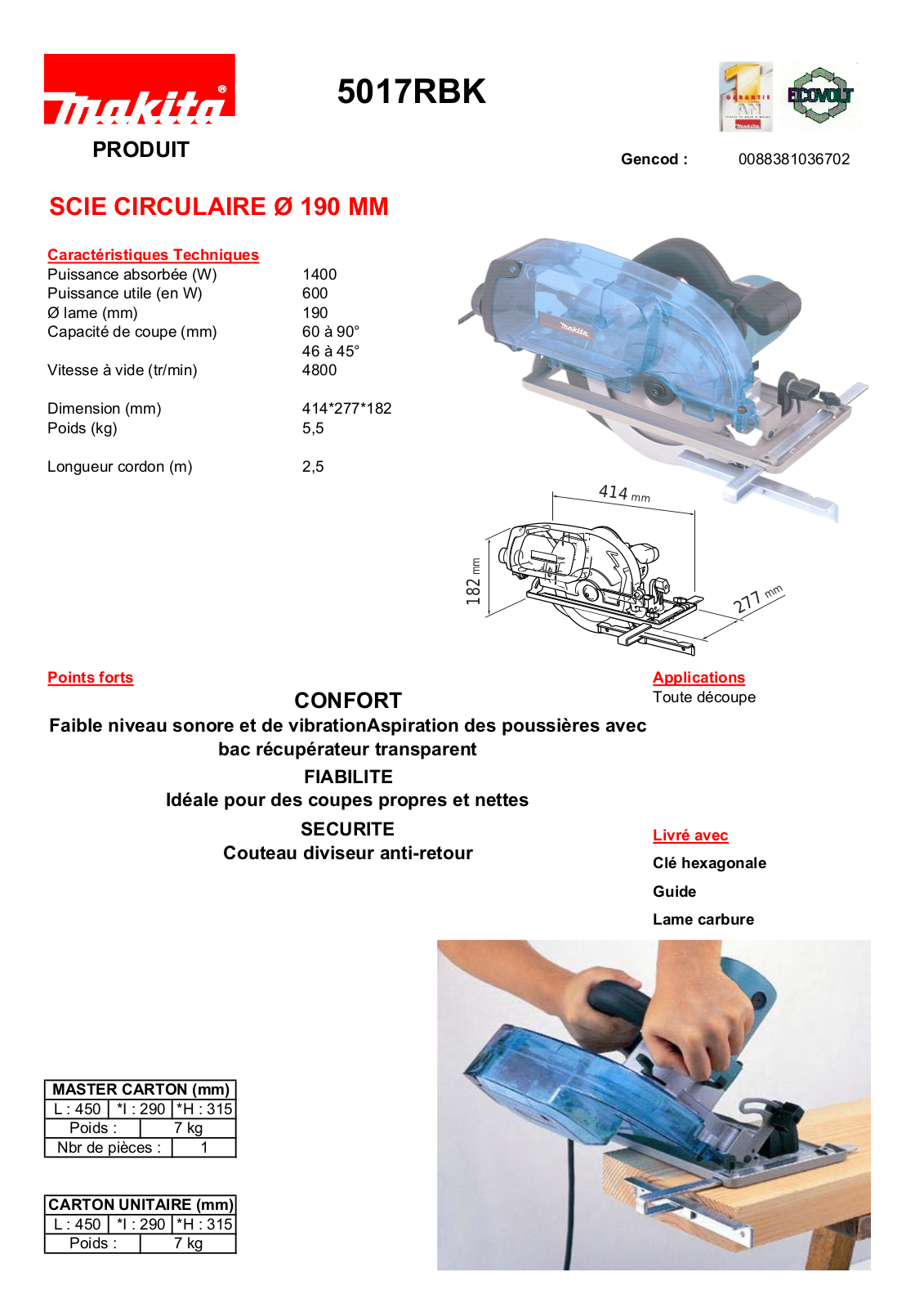 Makita 5017RBK TECHNICAL CHARACTERISTICS