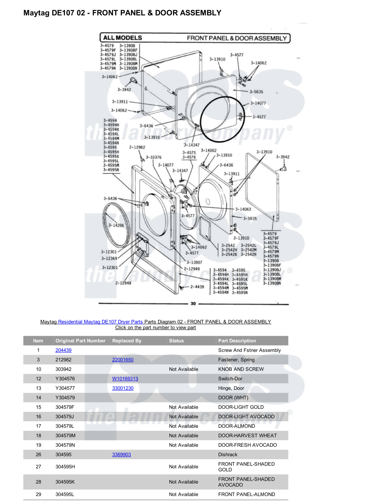 Maytag DE107 Parts Diagram