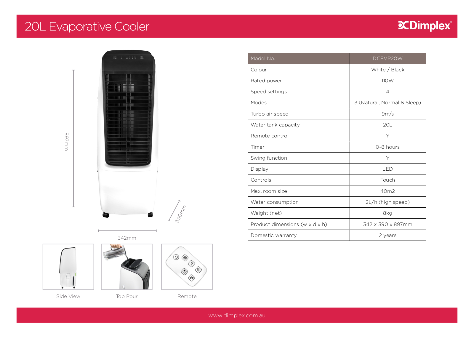 Dimplex DCEVP20W Specifications Sheet