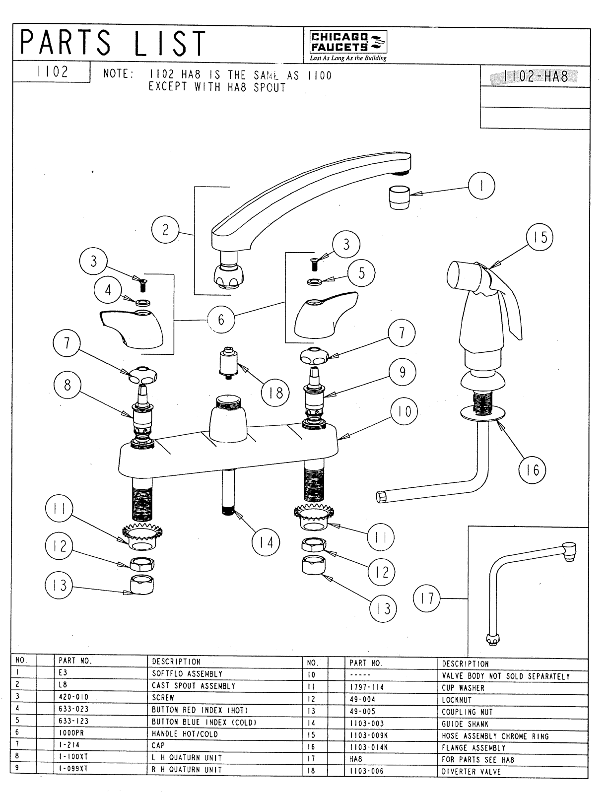 Chicago Faucet 1102-HA8CP Parts List