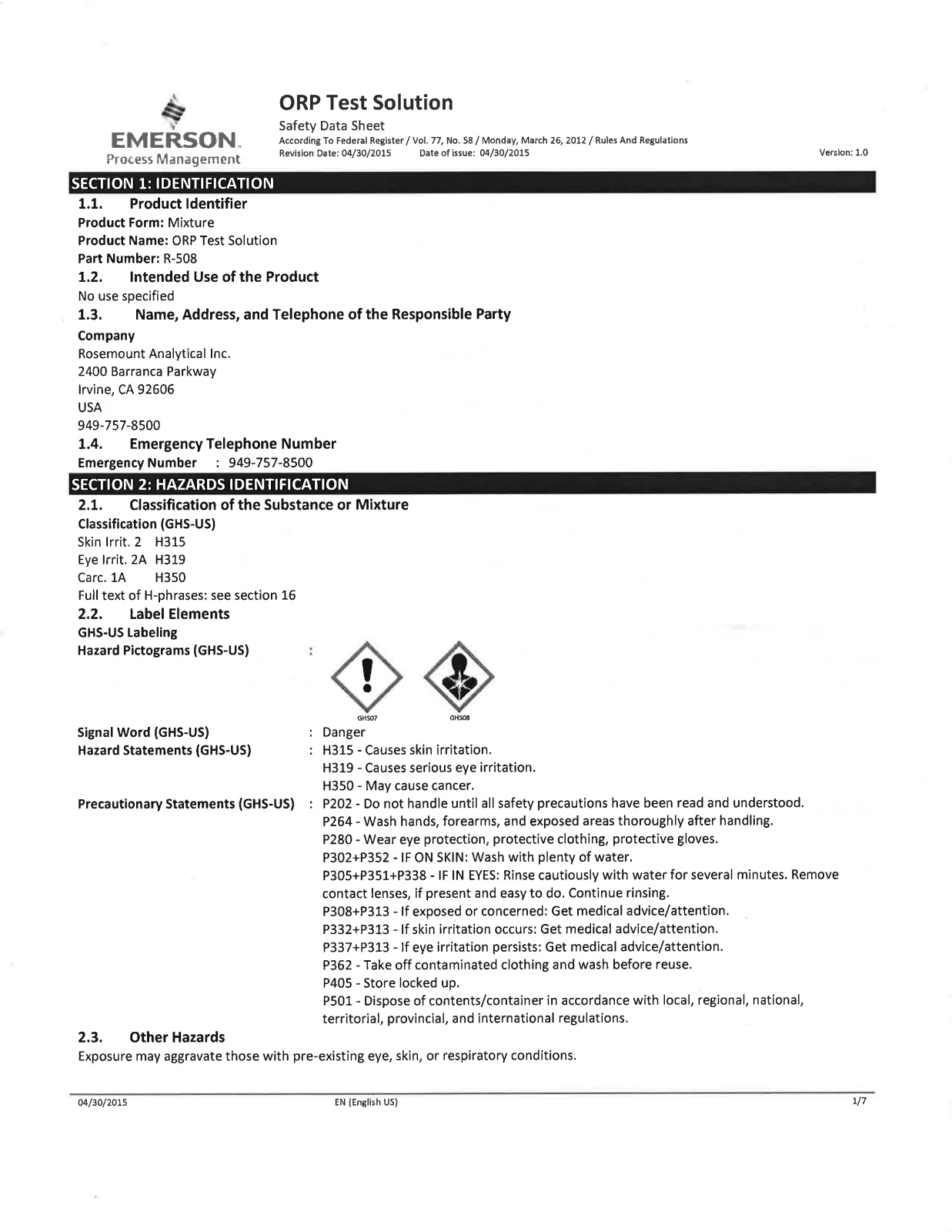 Rosemount Analytical R508-8OZ ORP MSDS