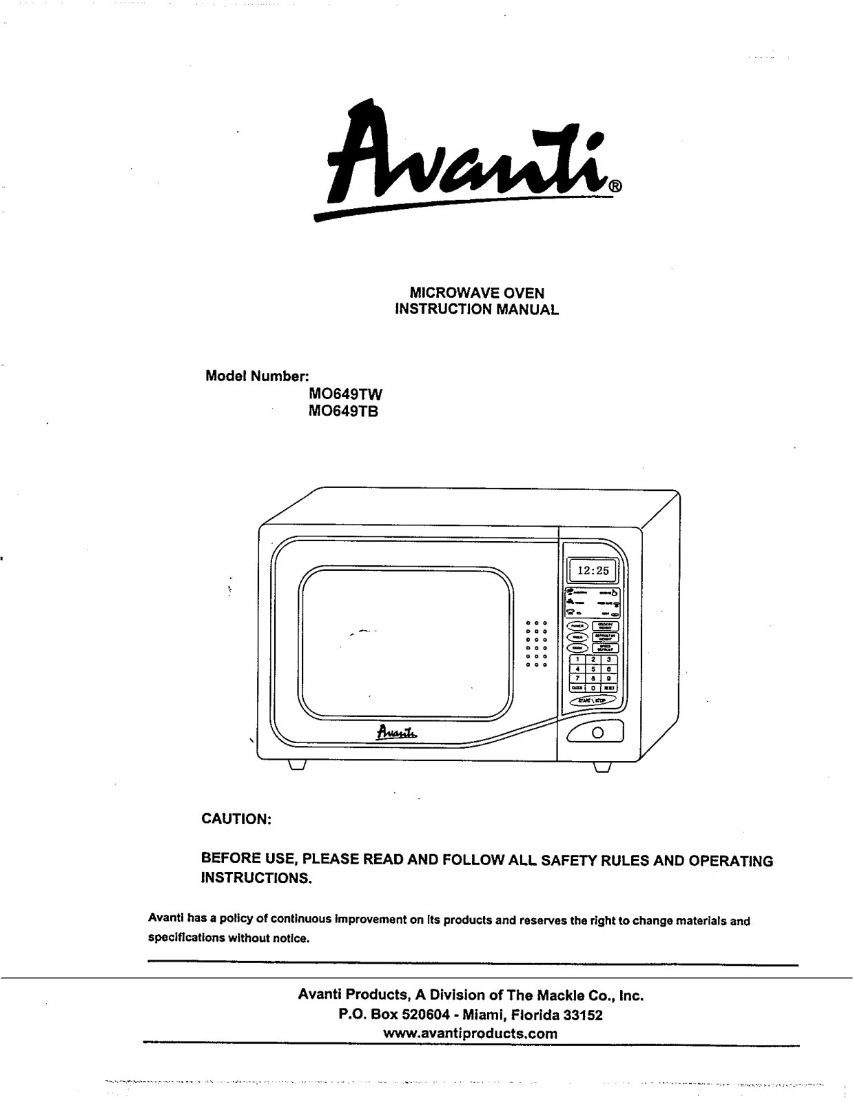 Avanti MO649TB User Manual