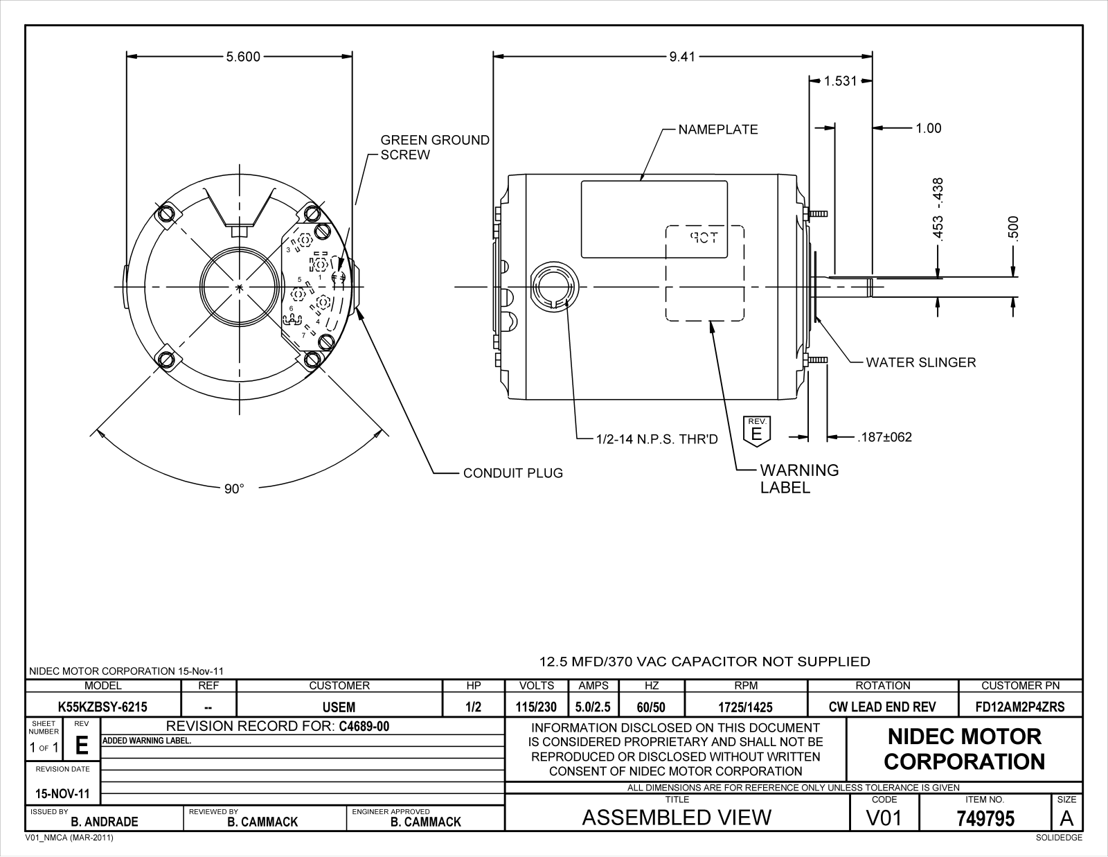 US Motors FD12AM2P4ZRS Dimensional Sheet