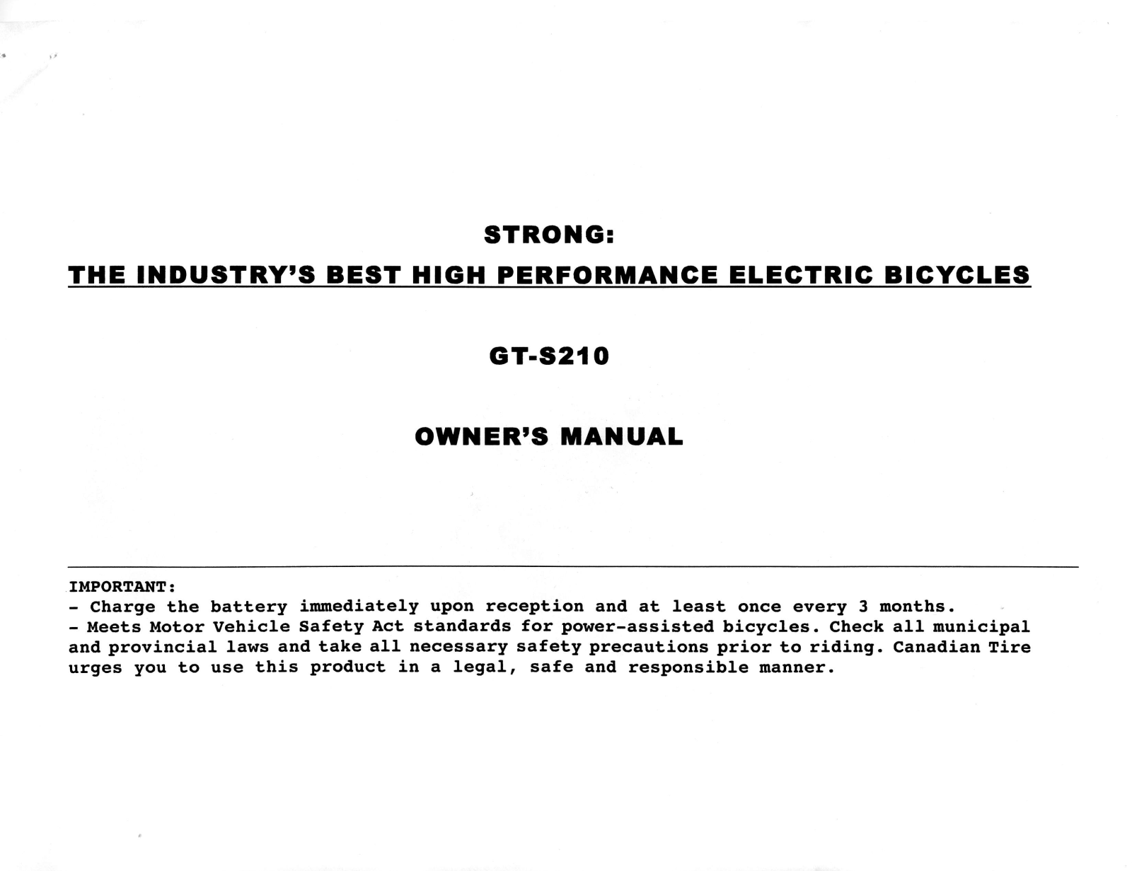 Strong GT-S210 Owner Manual