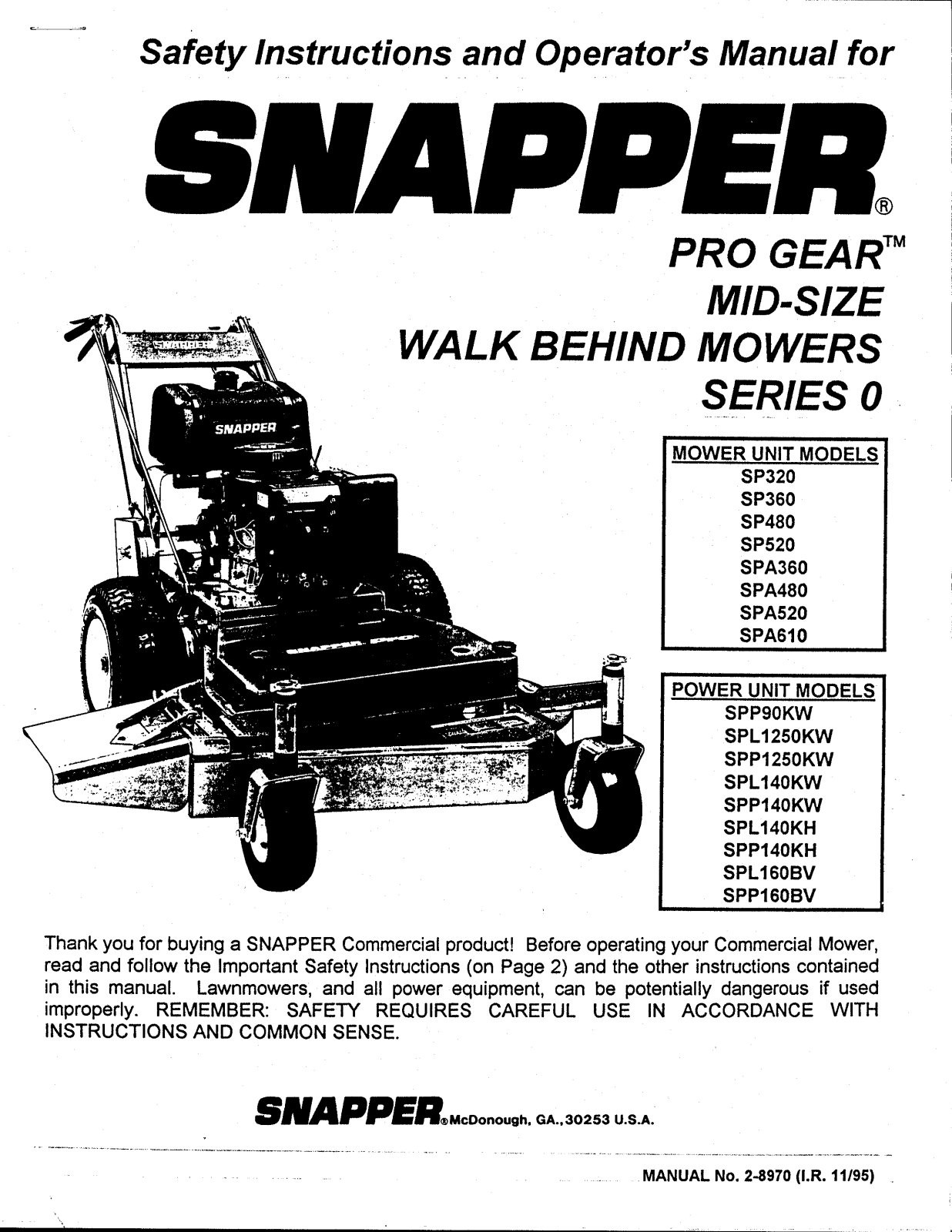 Snapper SPL160BV, SPP140KH, SPP160BV, SPL140KH, SPL1250KW User Manual