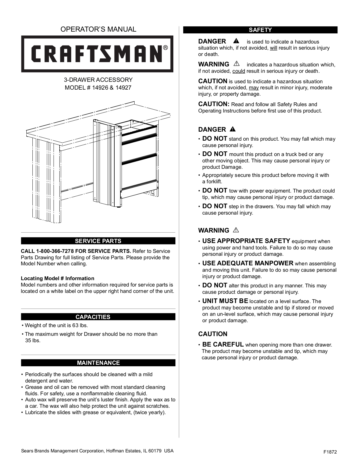 Craftsman 3-Drawer Workbench Module - Red-Black Instruction Manual