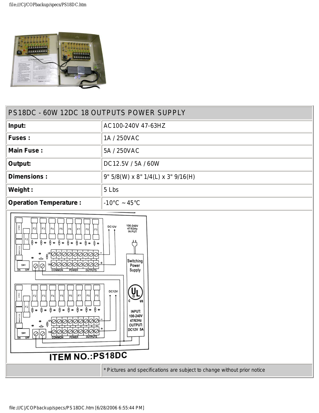 COP-USA PS18DC Specsheet