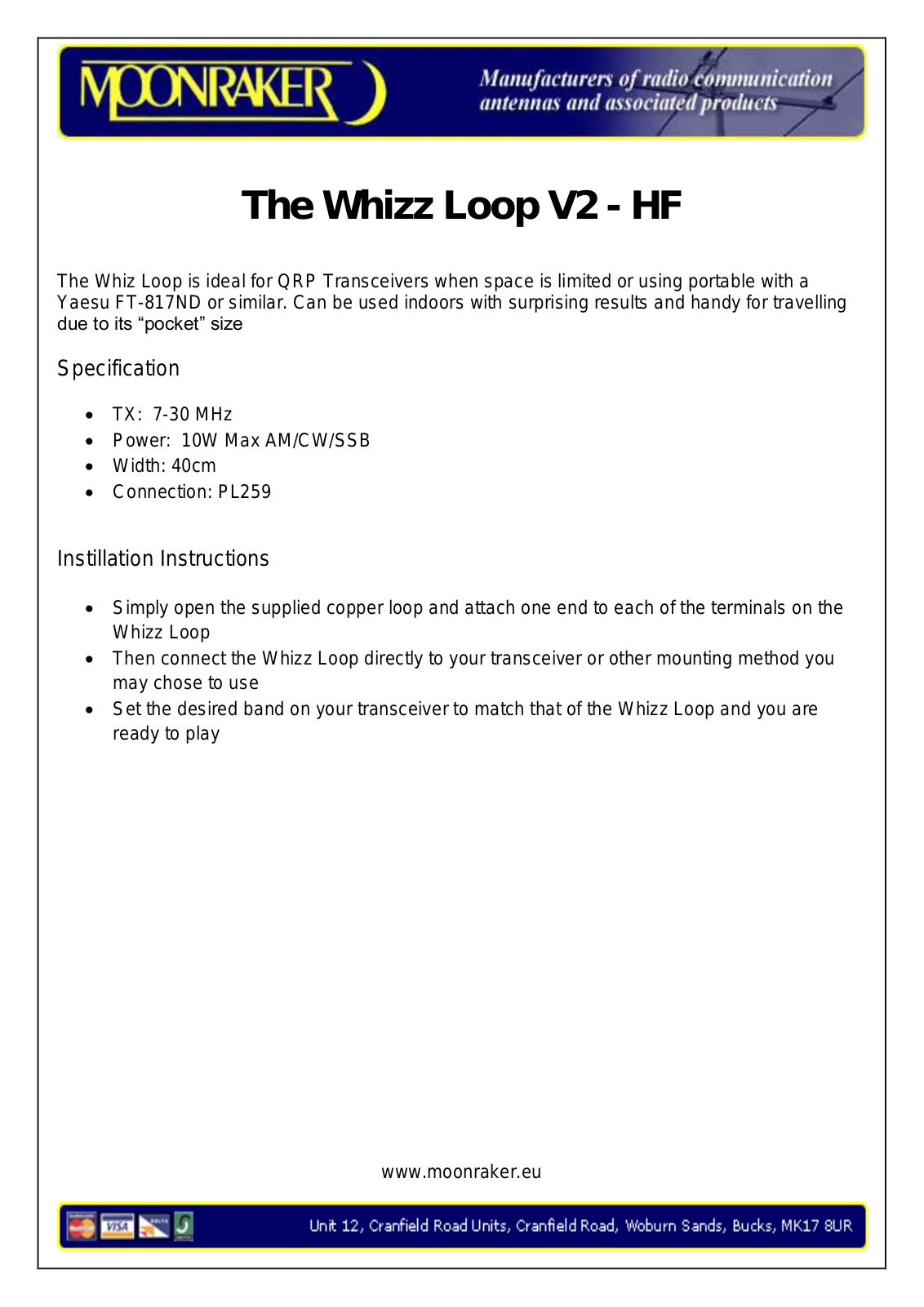 Moonraker The Whizz Loop V2 Instruction Sheet - ManualMachine.com