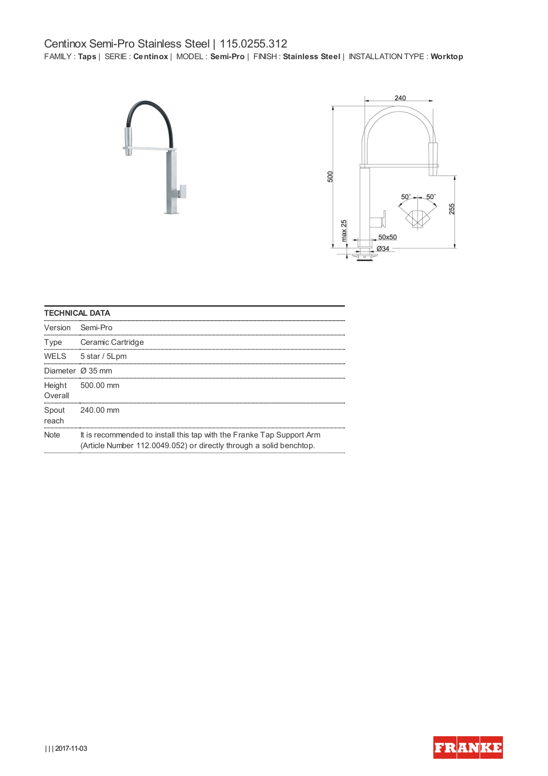 Franke TA5120 Specifications Sheet