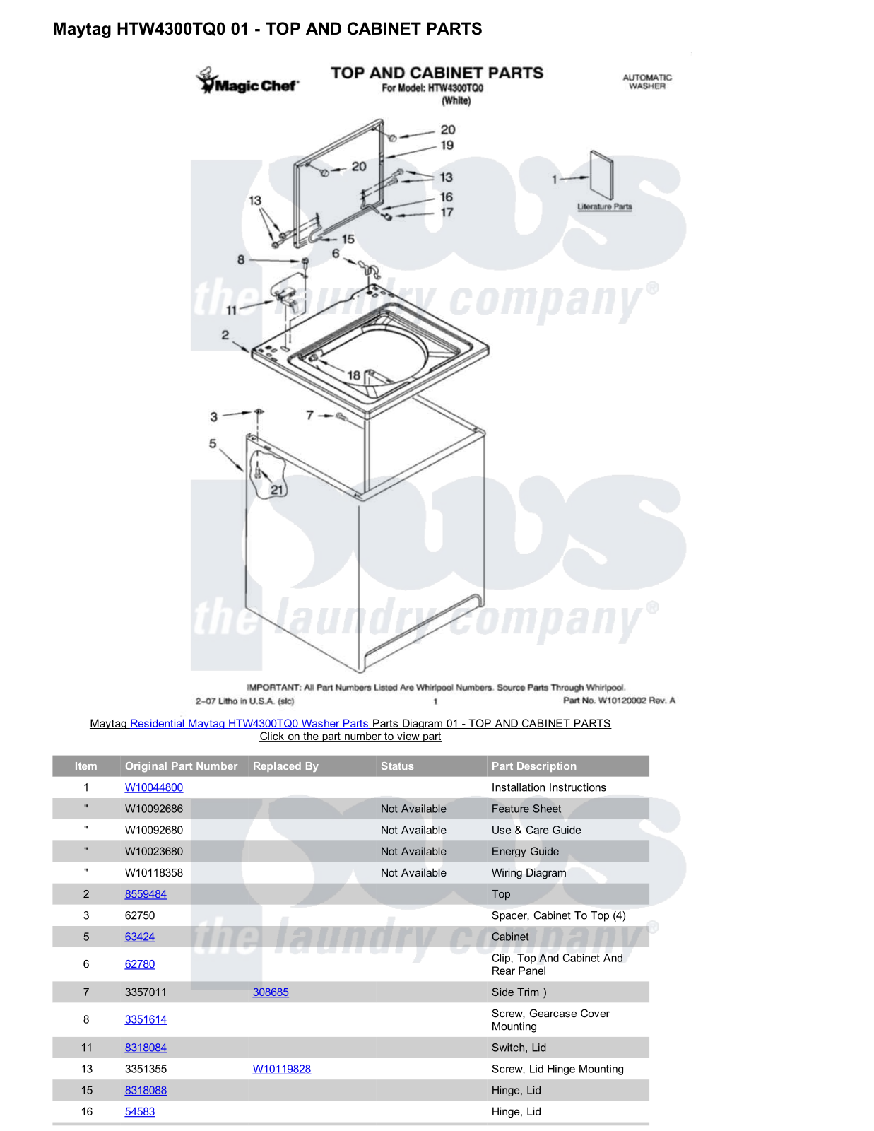 Maytag HTW4300TQ0 Parts Diagram