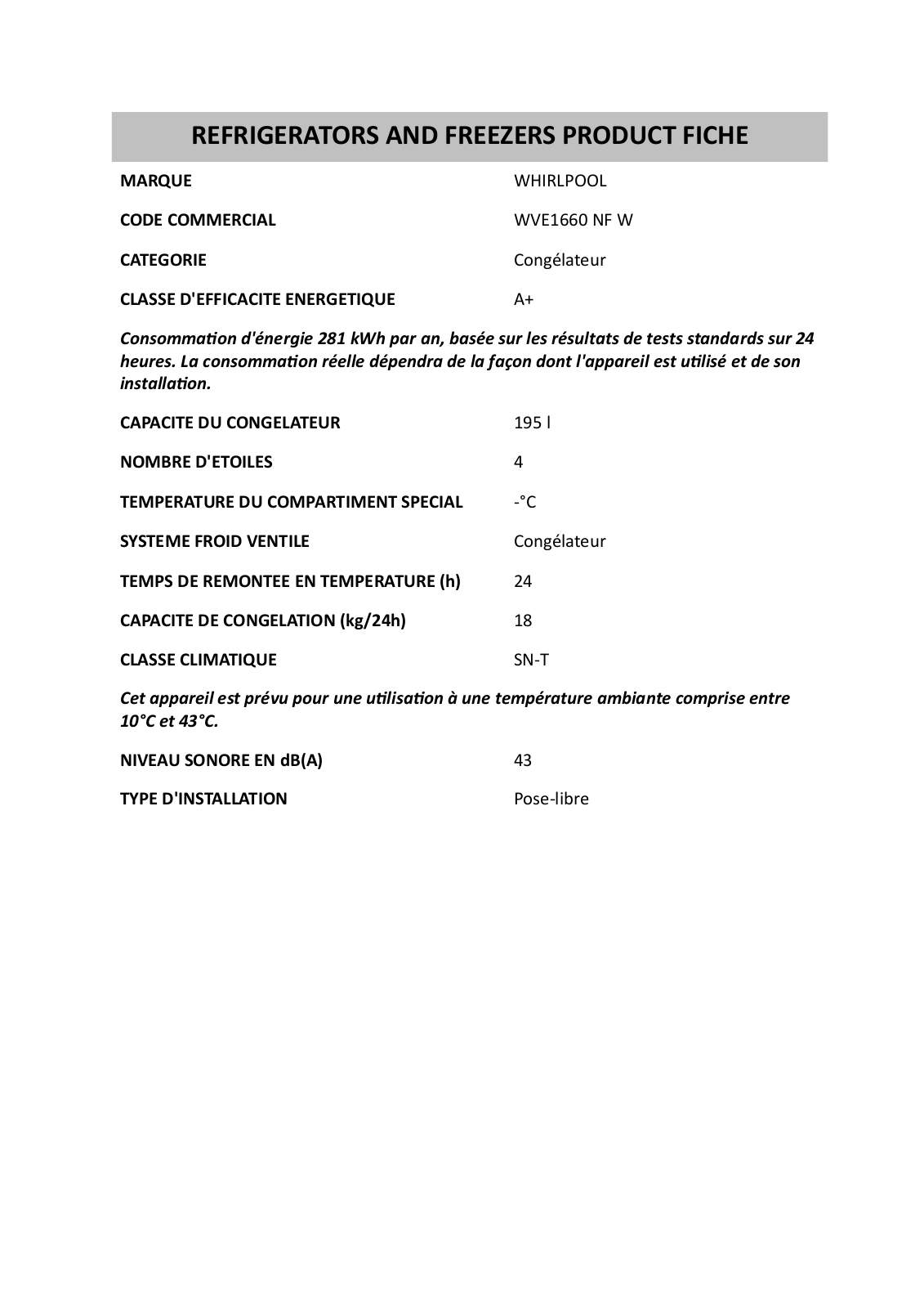 Whirlpool WVE1660 NF W PRODUCT SHEET