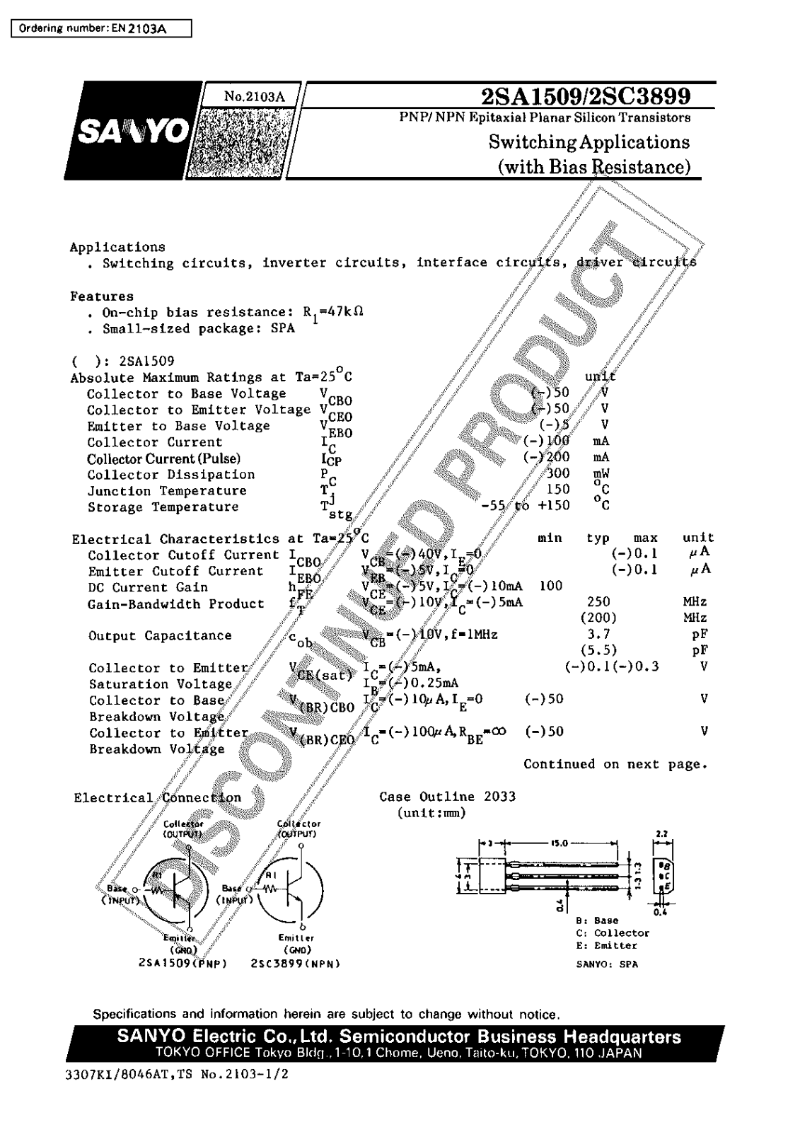 Sanyo 2SC3899 Specifications