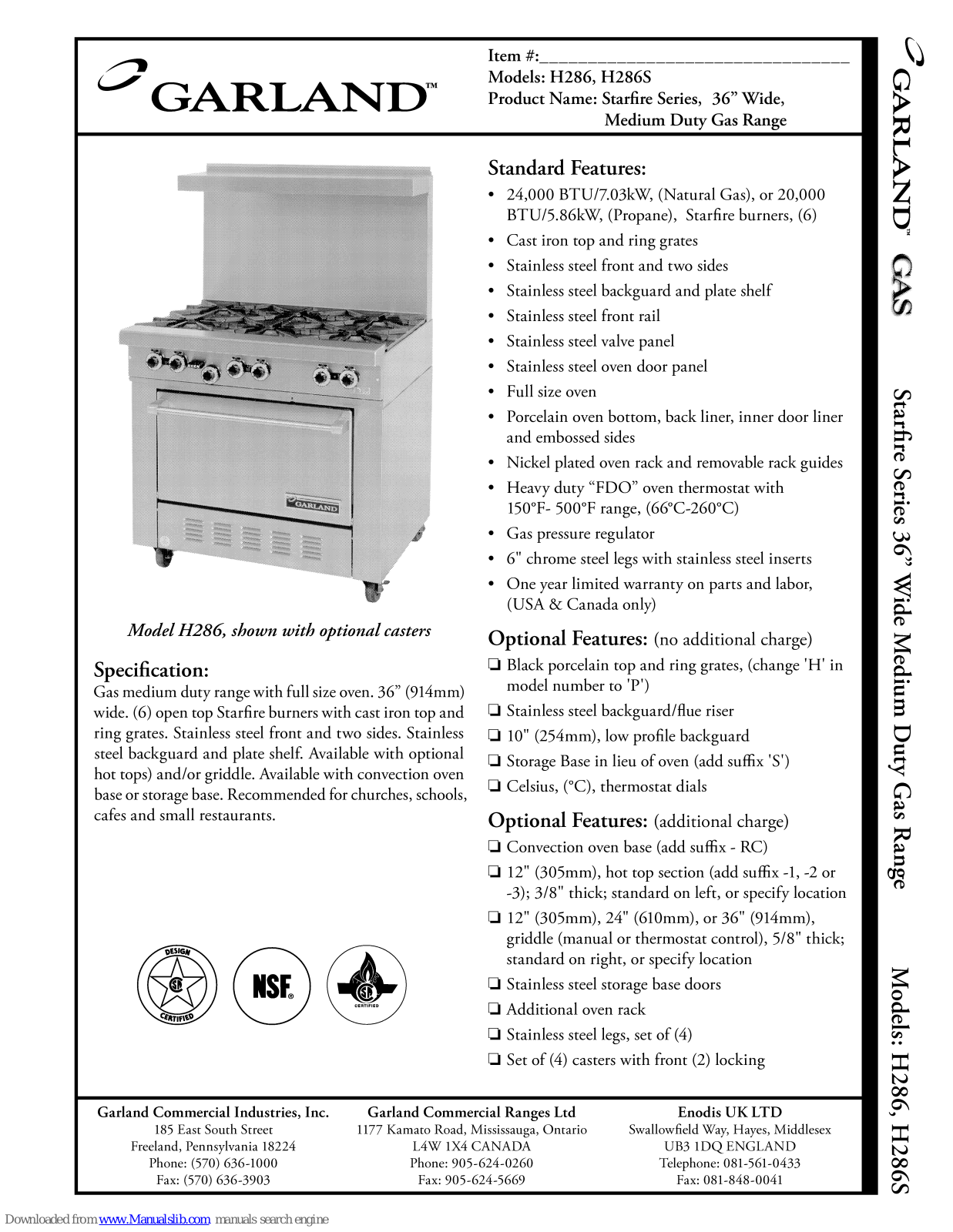 Garland Starfire H286, Starfire H286S Specification