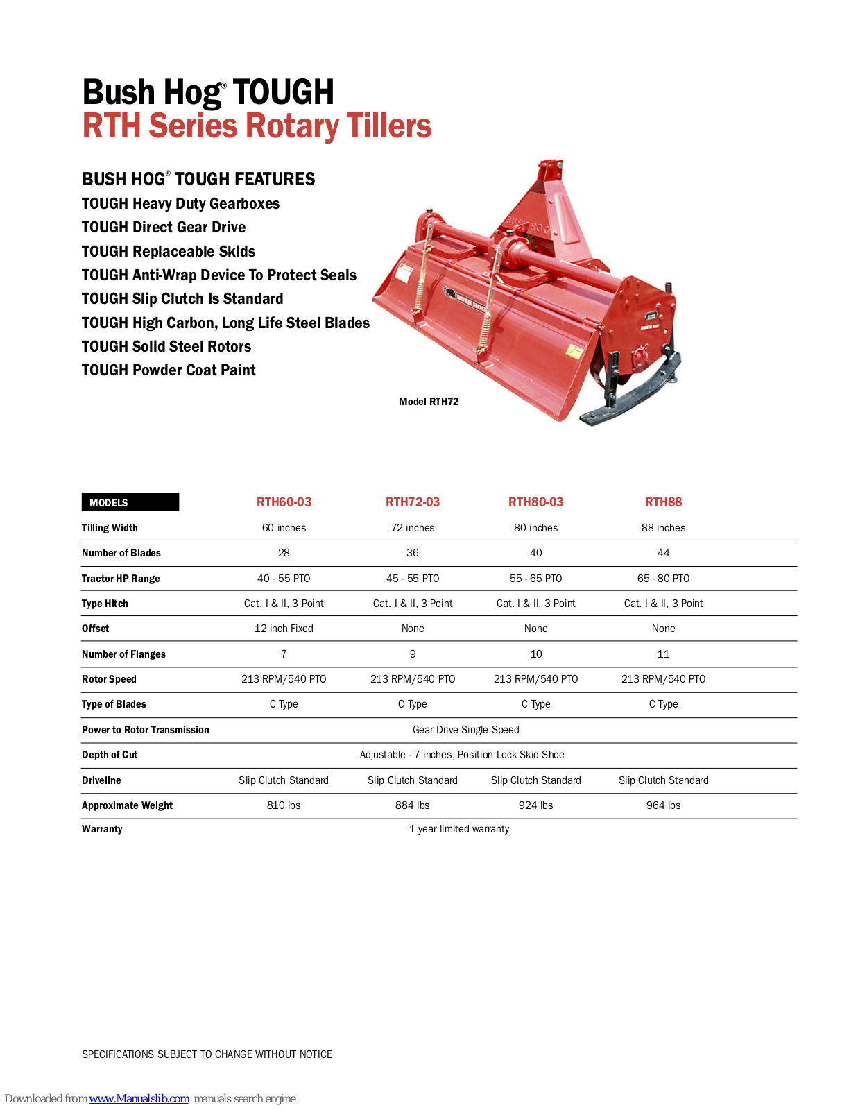 Bush Hog TOUGH RTH60-03, TOUGH RTH72-03, TOUGH RTH80-03, TOUGH RTH88 Specifications