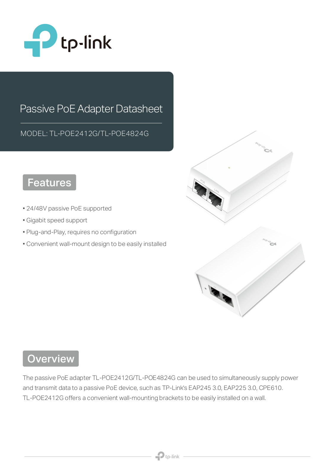 TP-Link TL-POE2412G, TL-POE4824G Specsheet