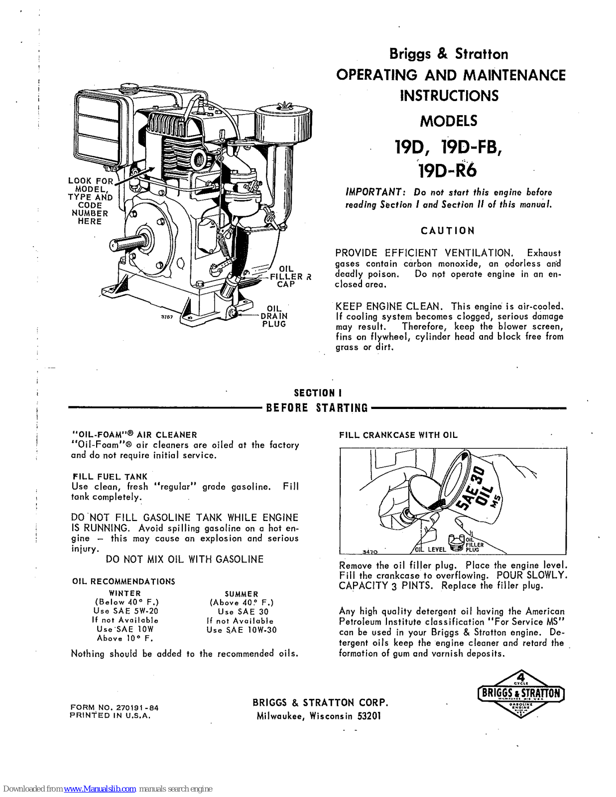 Briggs & Stratton 19D, 19D-R6, 19D-FB Operating And Maintenance Manual