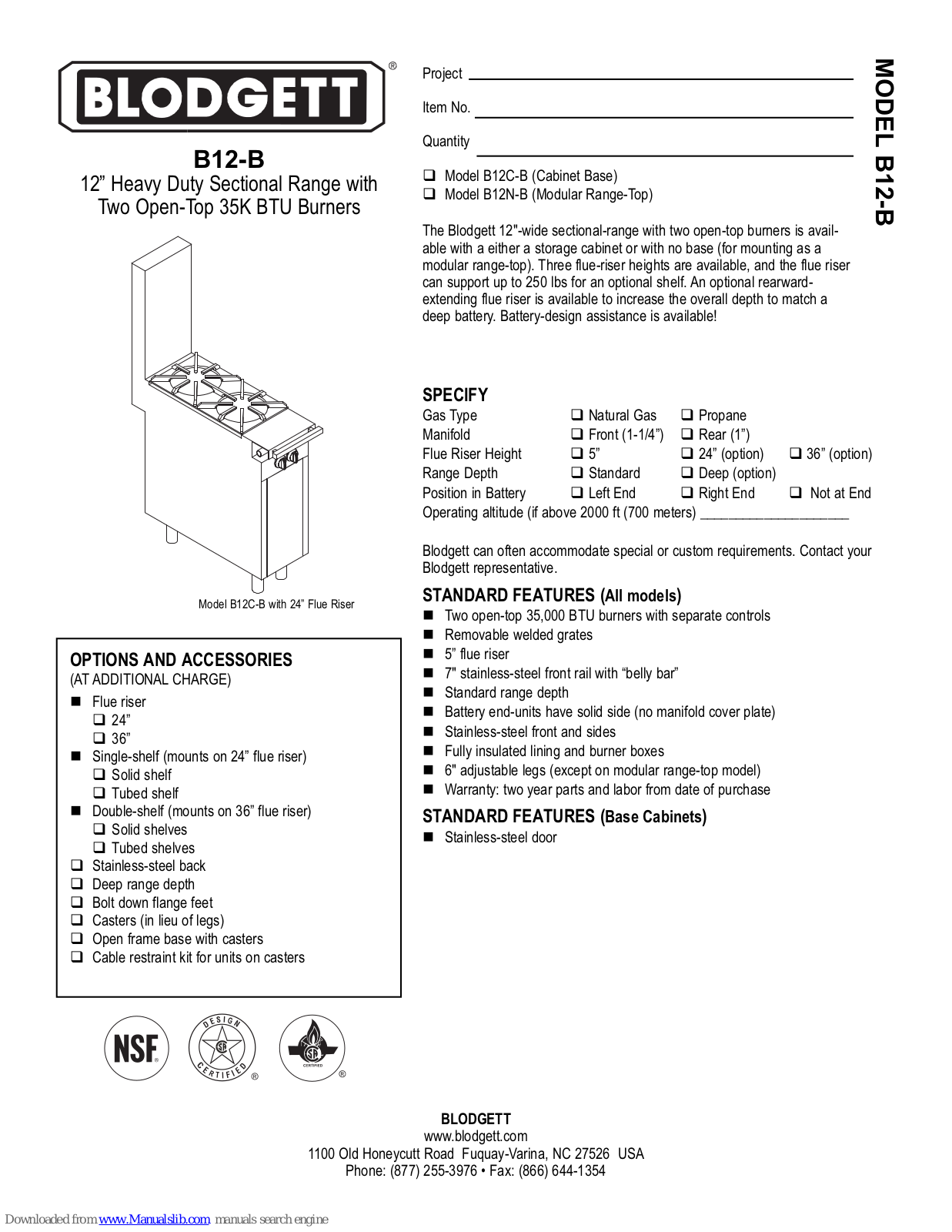 Blodgett B12N-B, B12-B Specifications