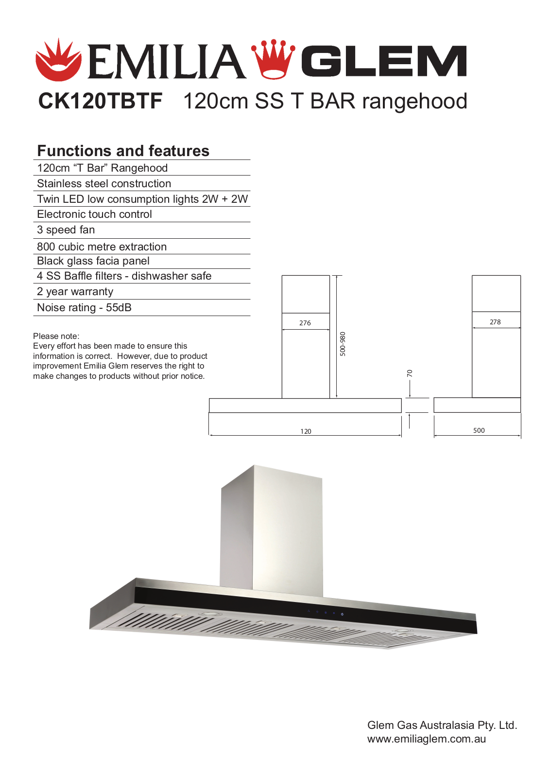 Emilia CK120TBTF Specifications Sheet