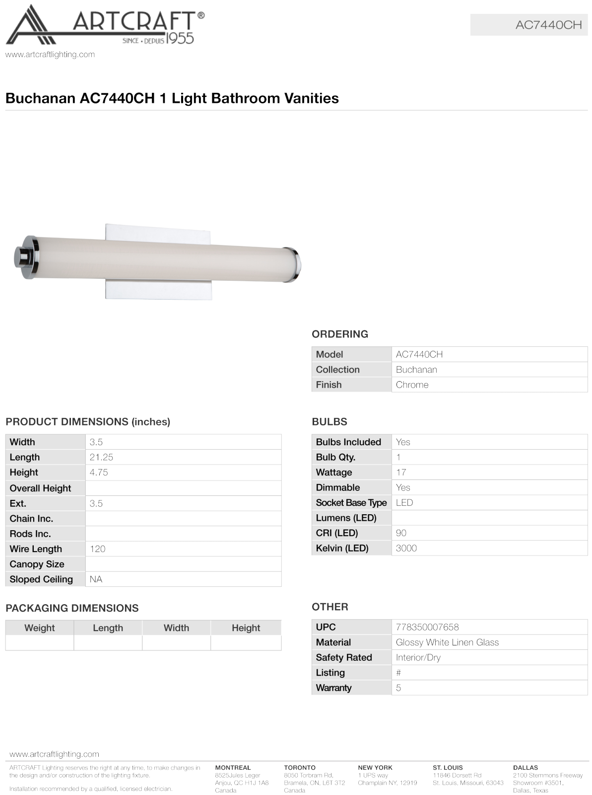 Artcraft Lighting YFT3006 Specifications - ManualMachine.com