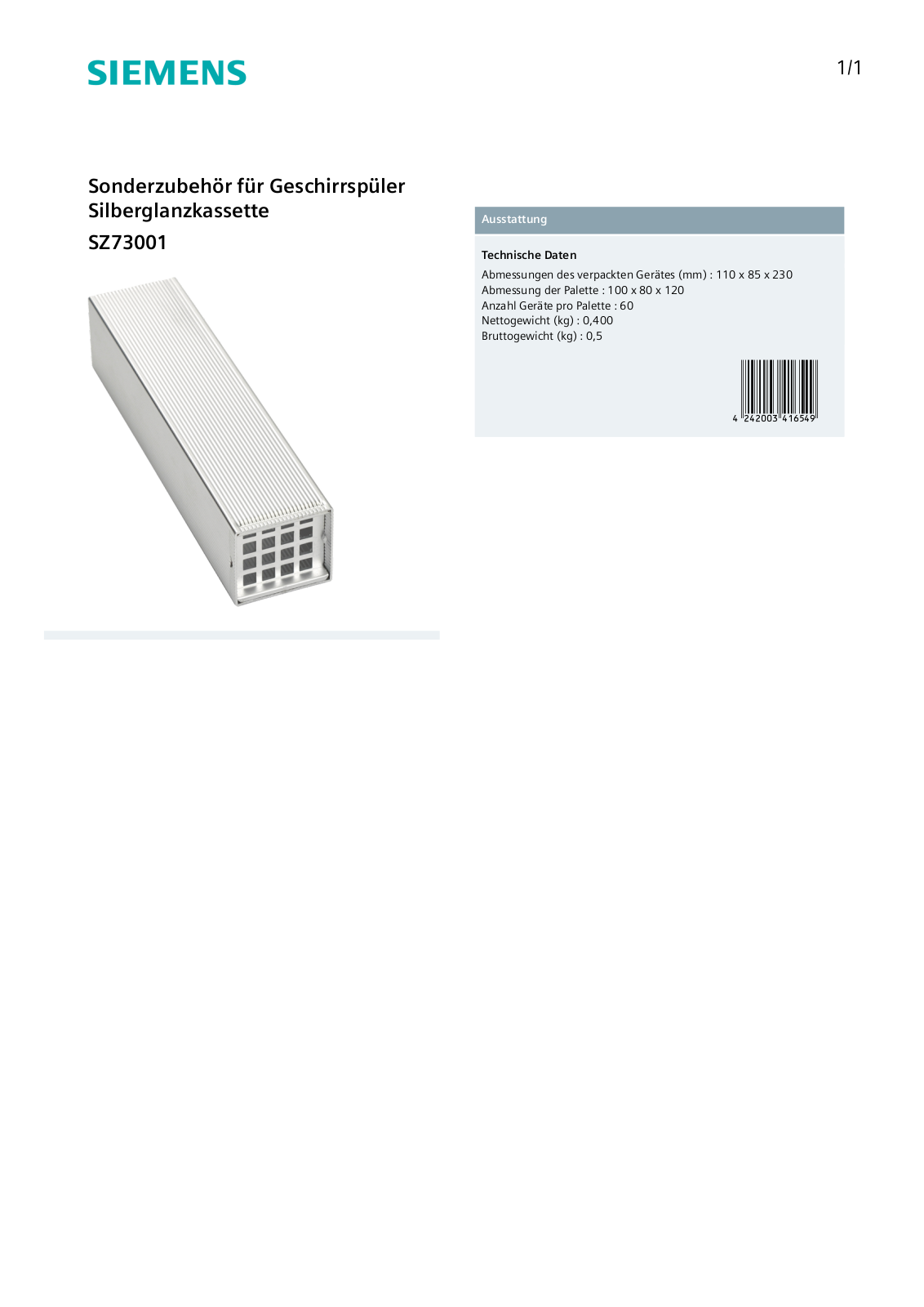 SIEMENS SZ73001 Technical data