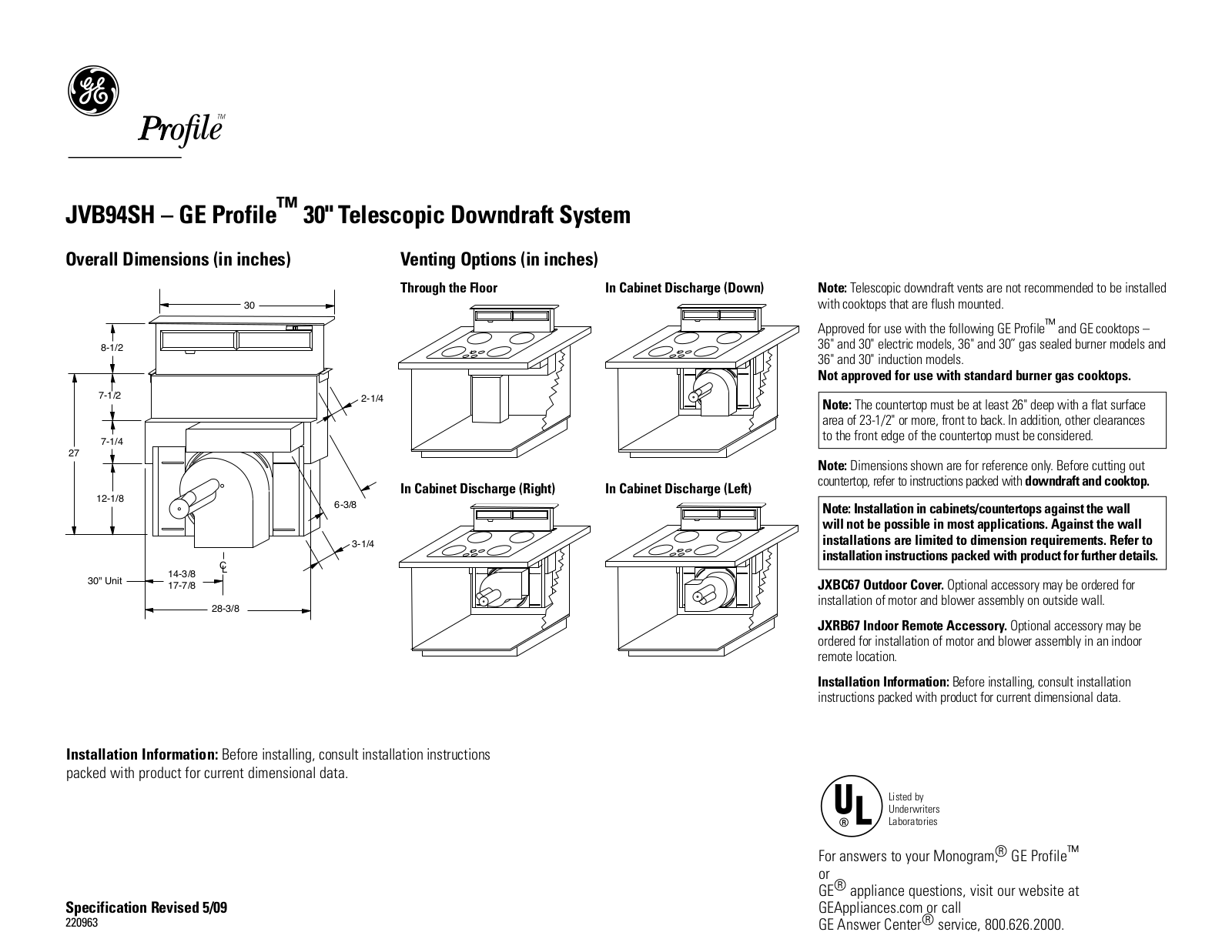 General Electric JVB94SHSS User Manual