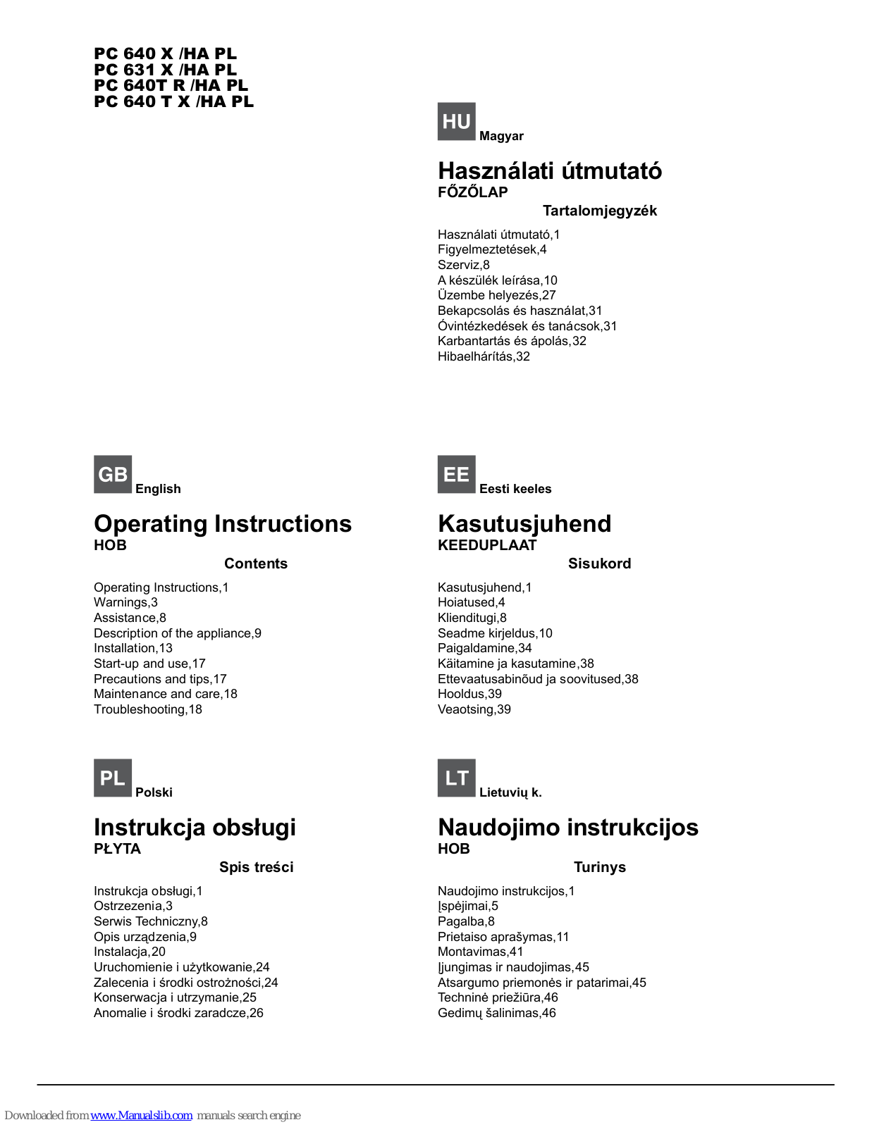 Hotpoint PC 640 X /HA PL, PC 631 X /HA PL, PC 640T R /HA PL, PC 640 T X /HA PL Operating Instructions Manual