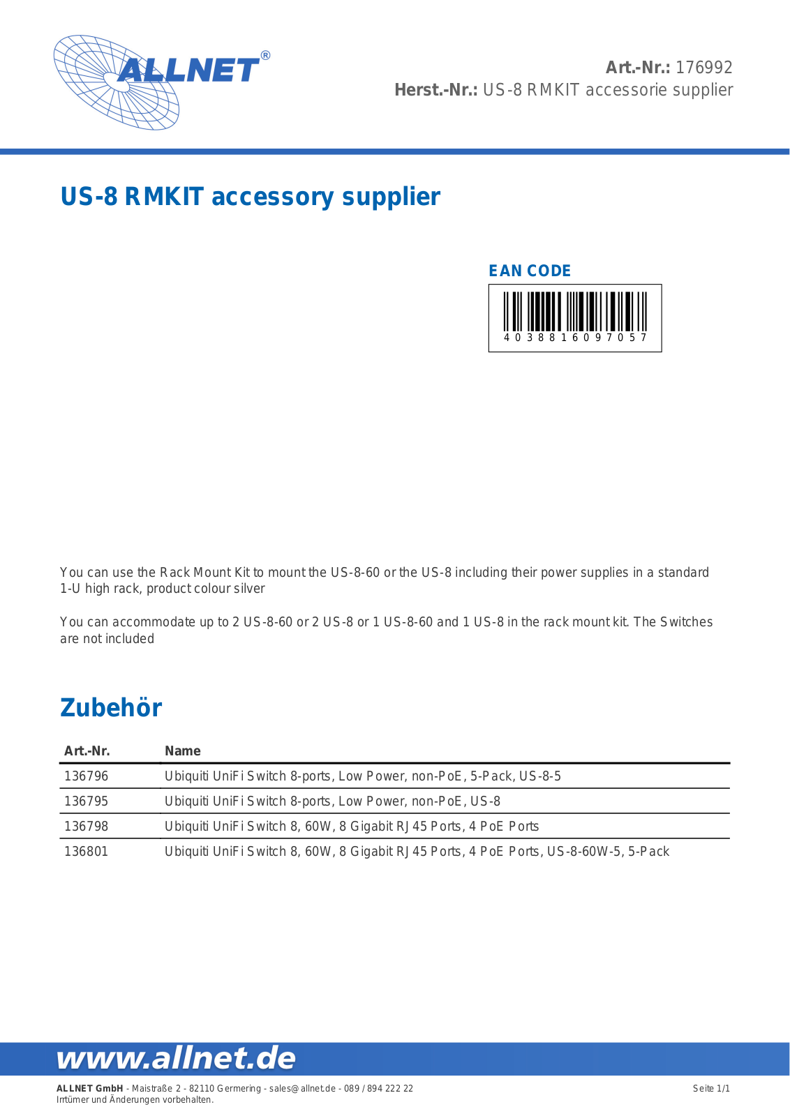 ALLNET ALLNET US8 RMKIT Datasheet - ManualMachine.com