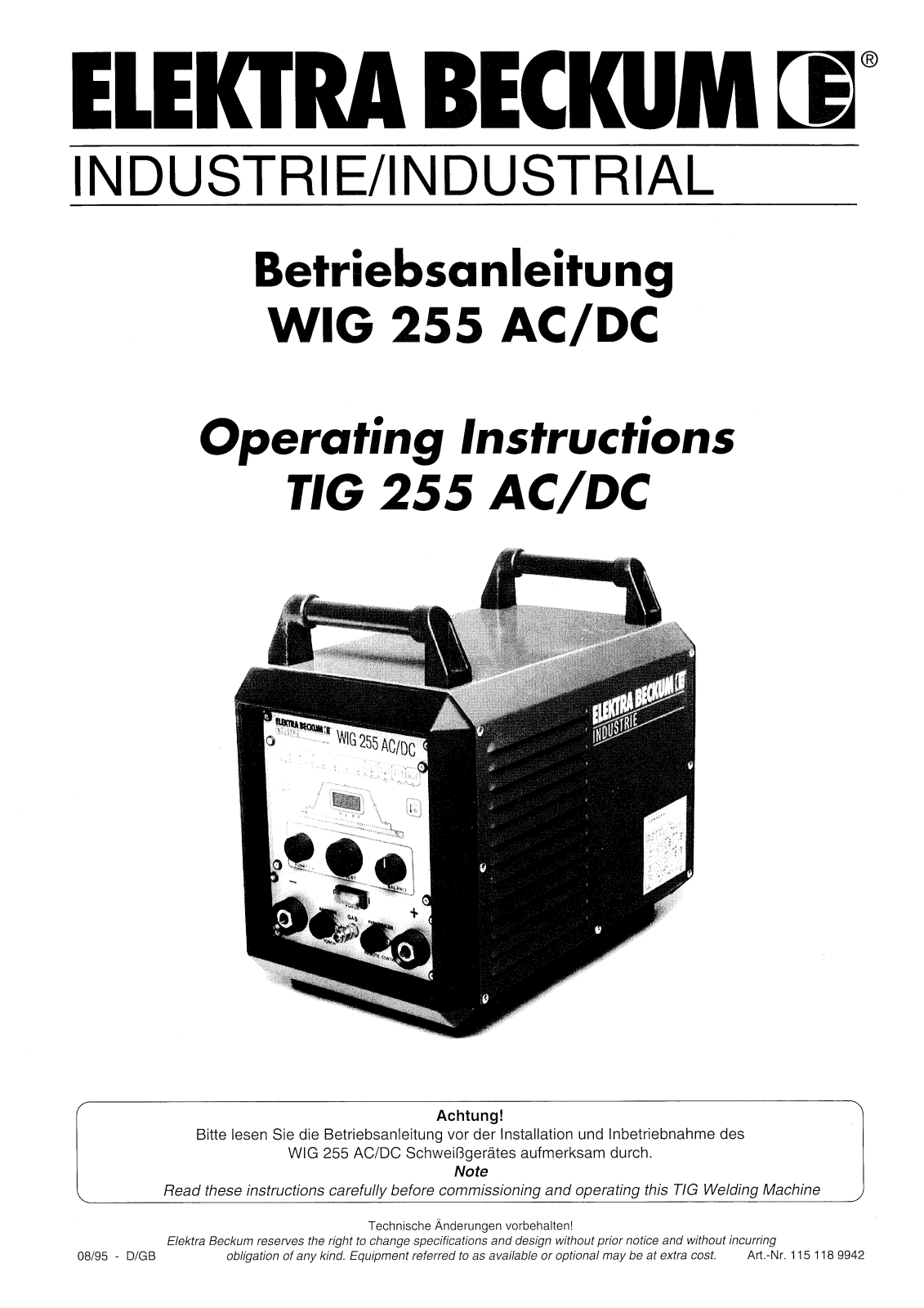 ELEKTRA BECKUM WIG 255 AC/DC, TIG 255 AC/DC User guide - ManualMachine.com