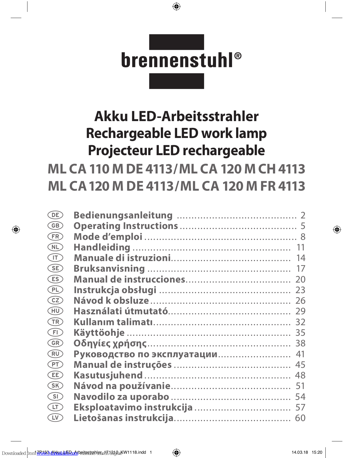 brennenstuhl ML CA 120 M DE 4113, ML CA 120 M FR 4113, ML CA 120 M CH 4113 Operating Instructions Manual