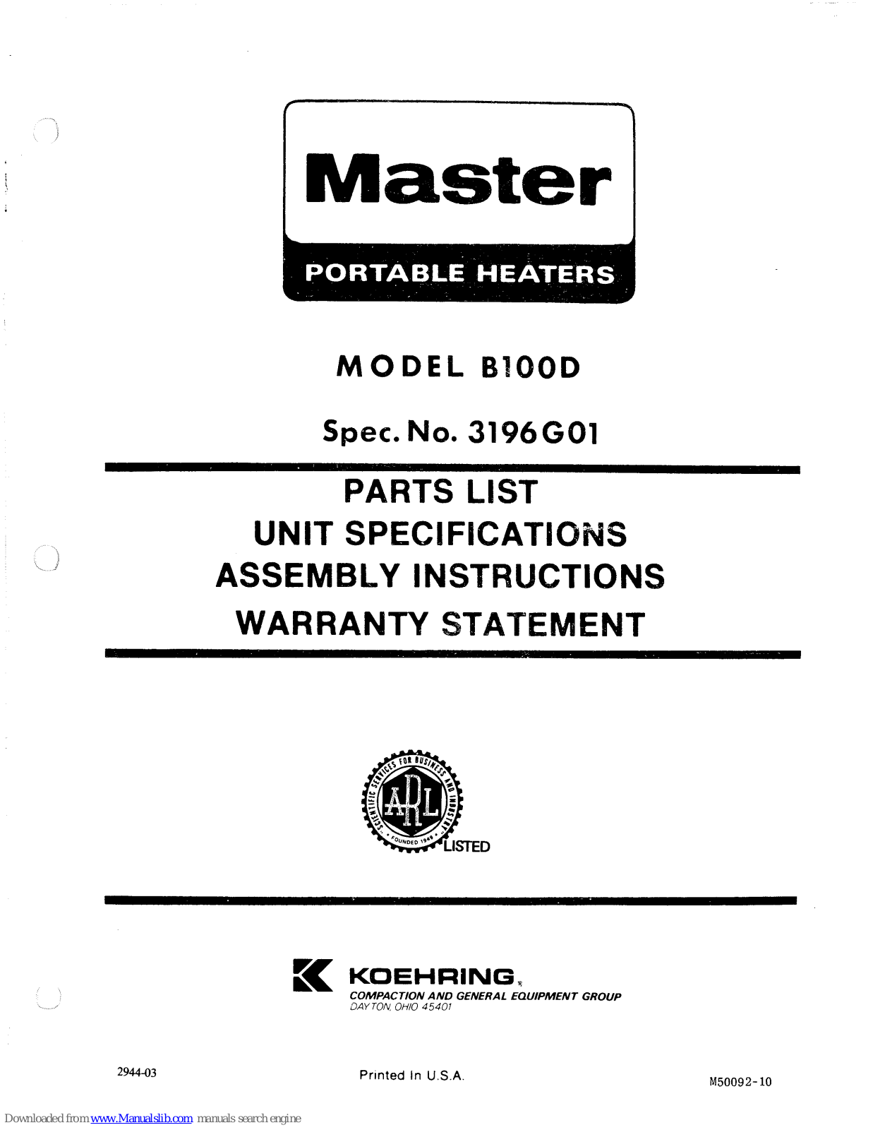 Master B100D Parts List