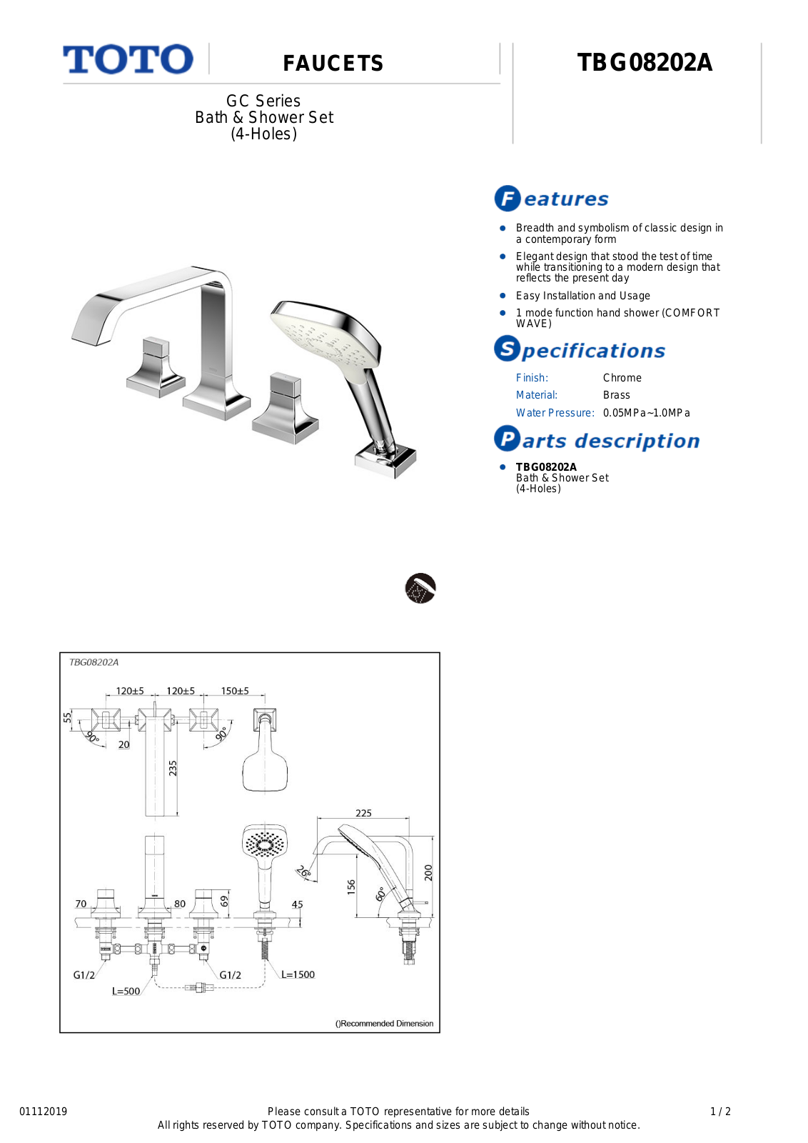 TOTO TBG08202A Datasheet