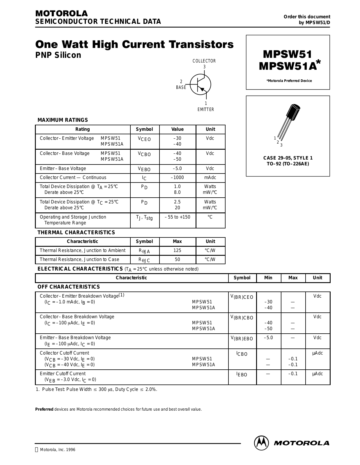 Motorola MPSW51A, MPSW51 Datasheet