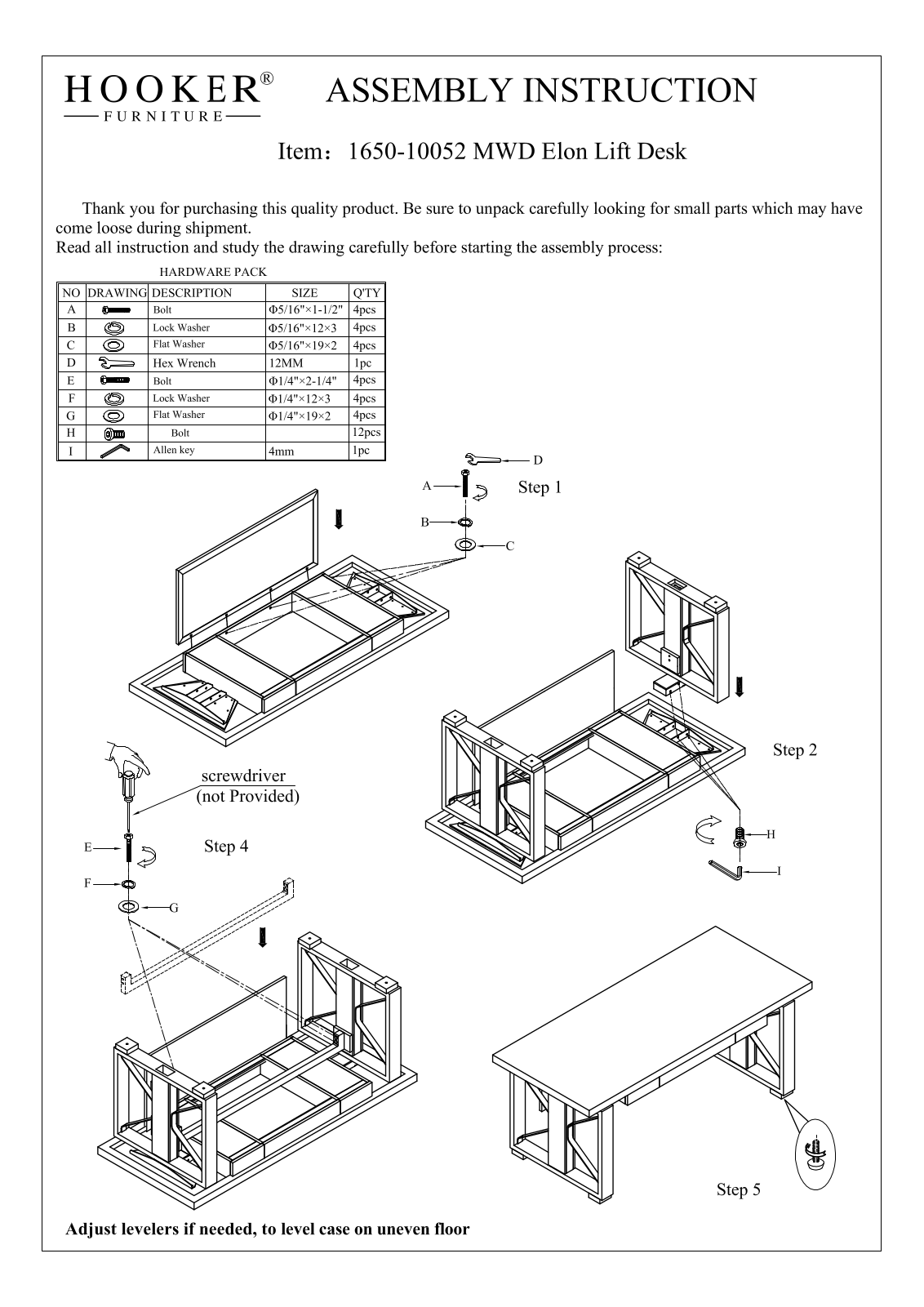 Hooker Furniture 165010052MWD Assembly Guide