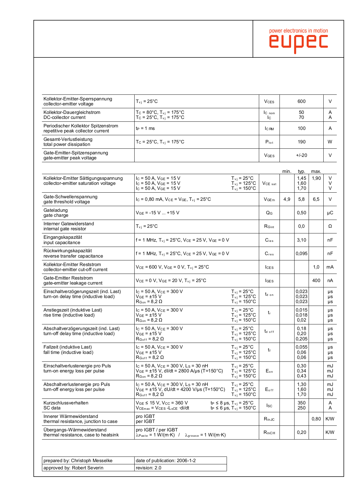 Infineon FS50R06KE3 Data Sheet