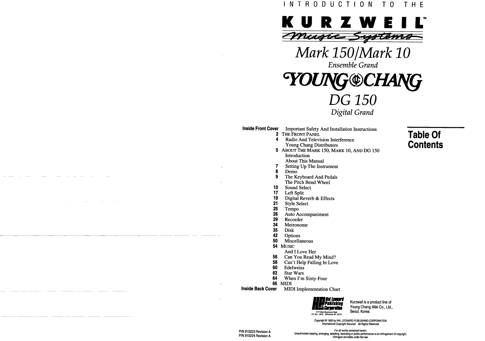 Kurzweil Mark 150, DG 150, Mark 10 User Manual