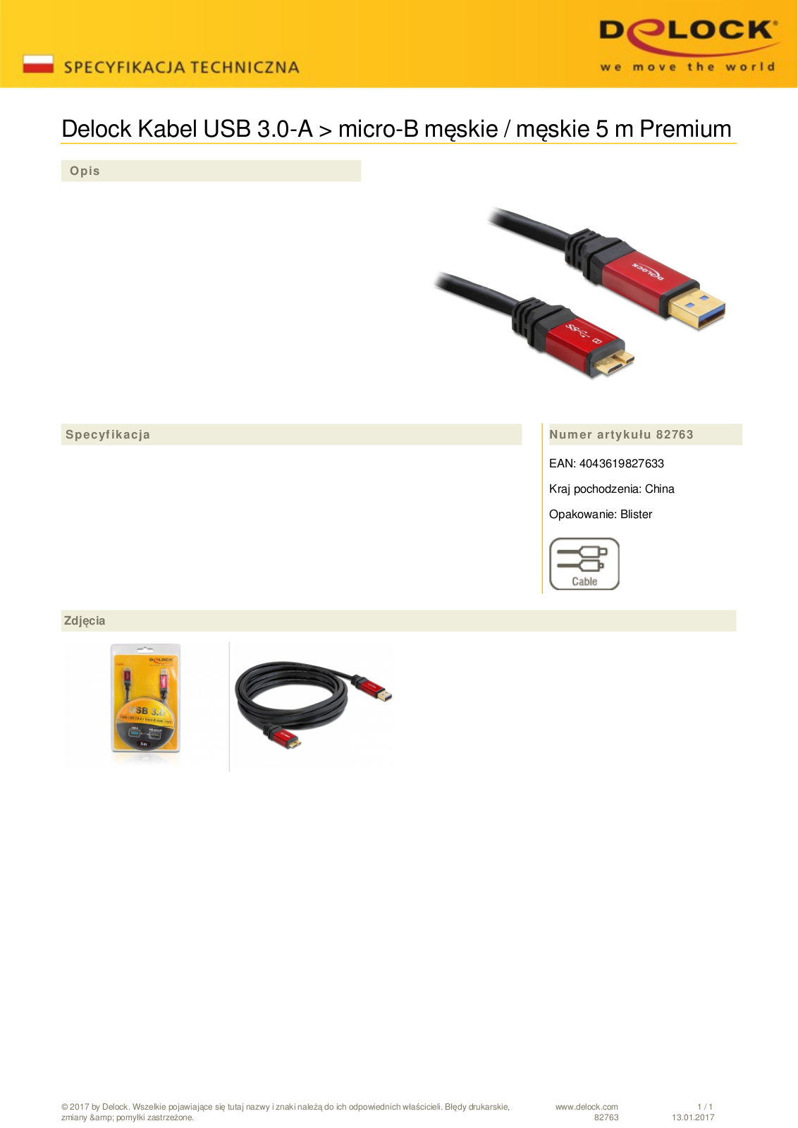 DeLOCK Premium USB-A 3.0 to USB 3.0 micro-B adapter cable, 5m User Manual