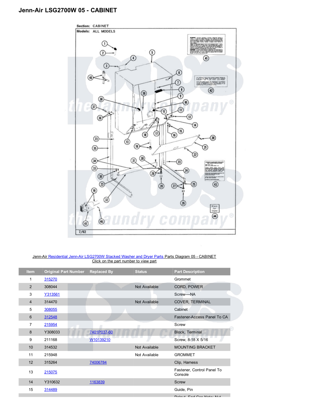 Jenn-Air LSG2700W Stacked and Parts Diagram