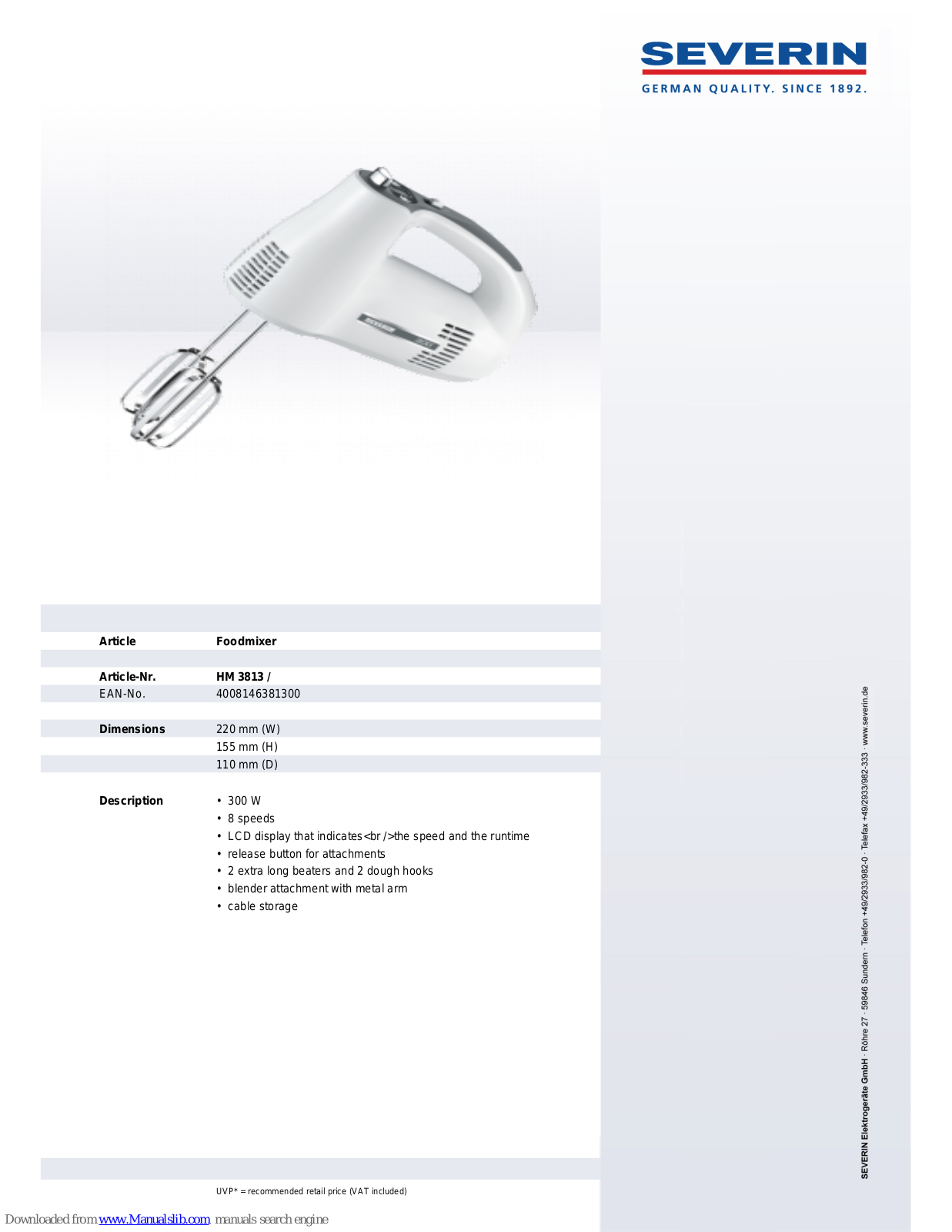 SEVERIN HANDMIXER MIT DISPLAY HM 3813,HM 3813 Dimensions