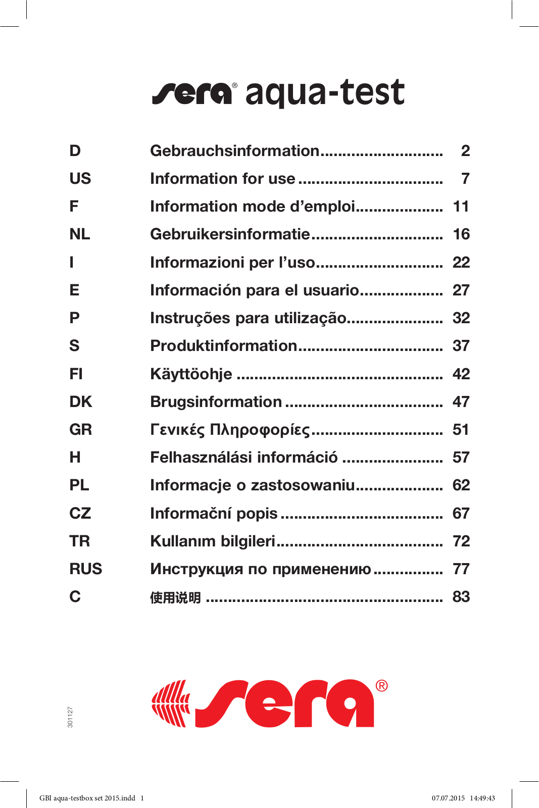 Sera Aqua-Test Series,Aqua-Test Box,Aqua-Test Box Marin Information For Use