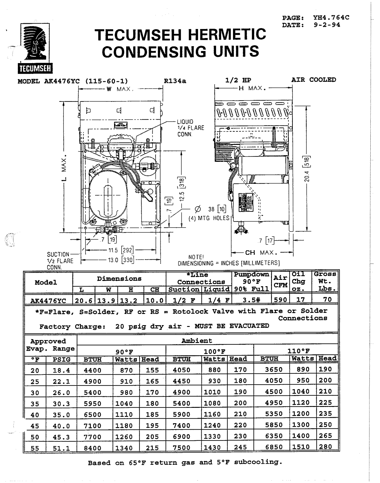 Tecumseh AKA4476YXAXC Performance Data Sheet