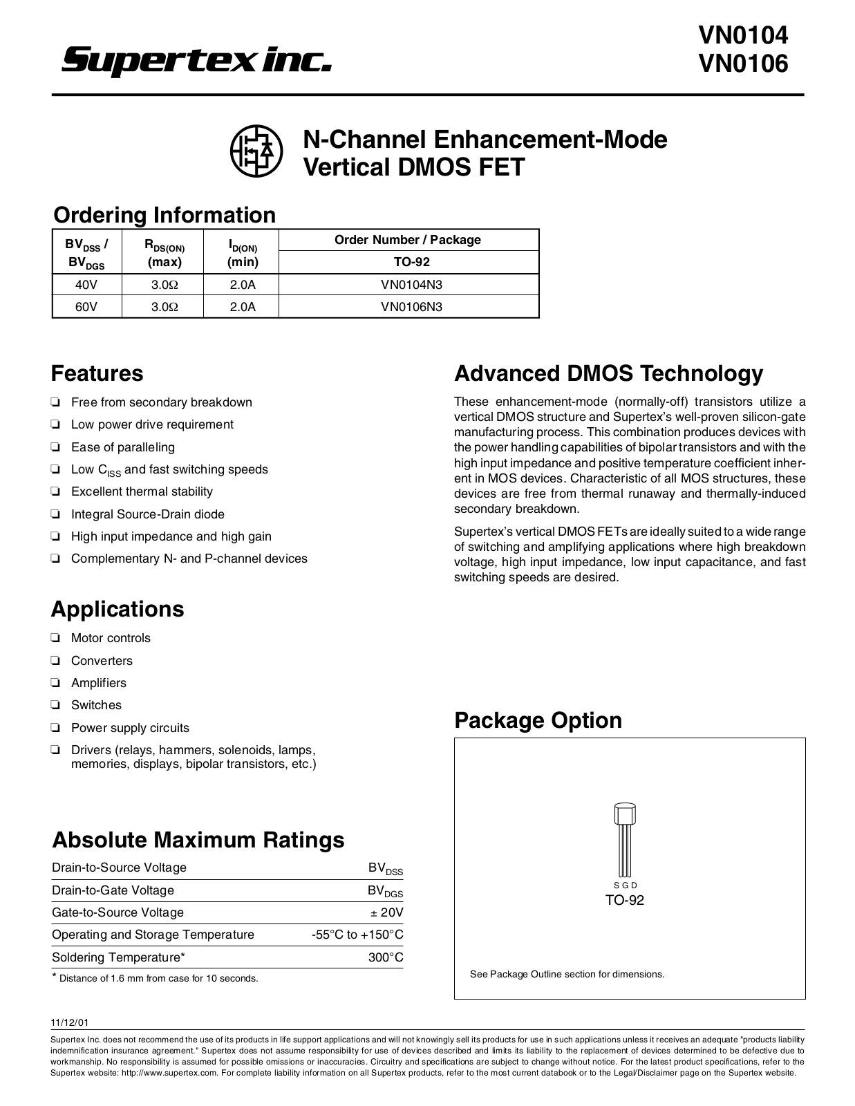 Datasheet VN0106N3, VN0104N3 Datasheet (Supertex) - ManualMachine.com