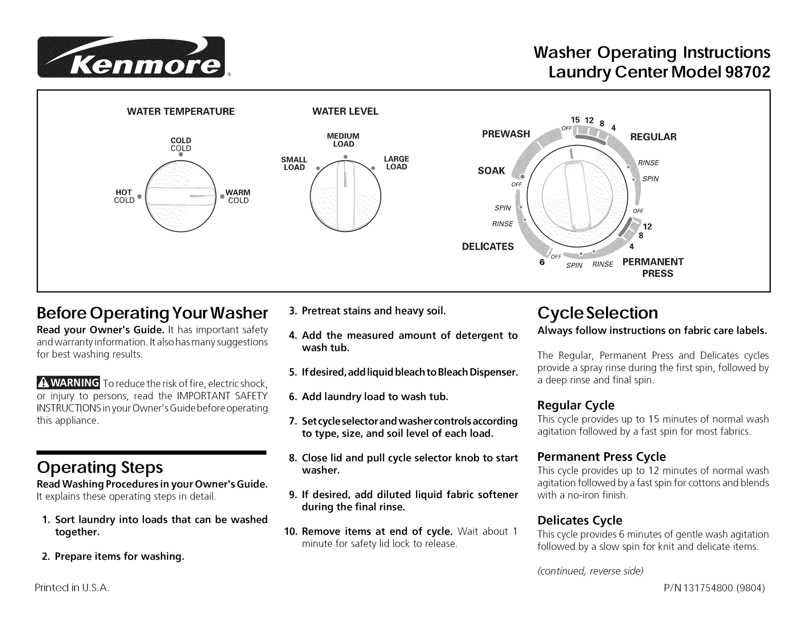 Kenmore 41798702891 Owner’s Manual