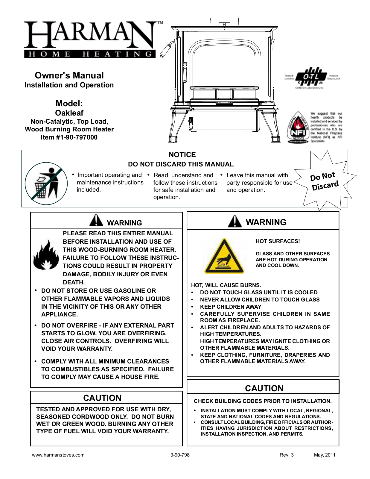 Harman Stove Company OAKLEAF 1-90-797000 User Manual