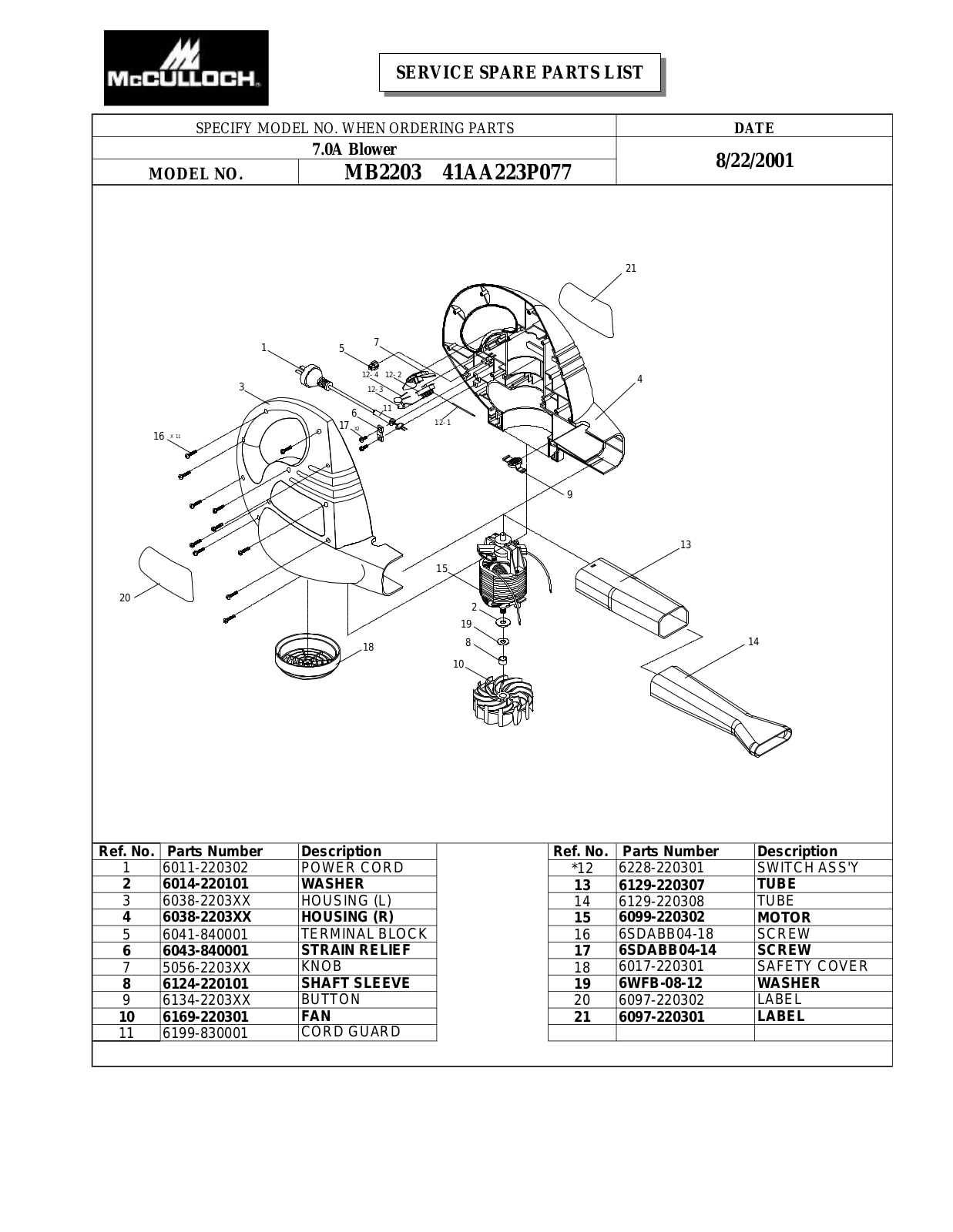 mcculloch MB2203 PARTS LIST