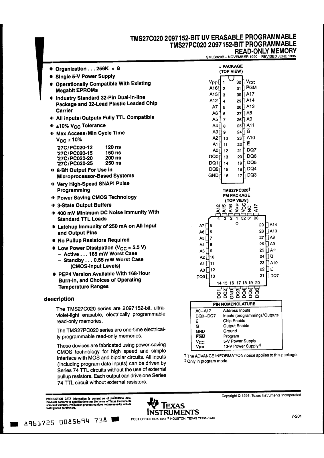 Texas Instruments TMS27C020-25JL4, TMS27C020-25JL, TMS27C020-25JE4, TMS27C020-25JE, TMS27C020-25FML Datasheet