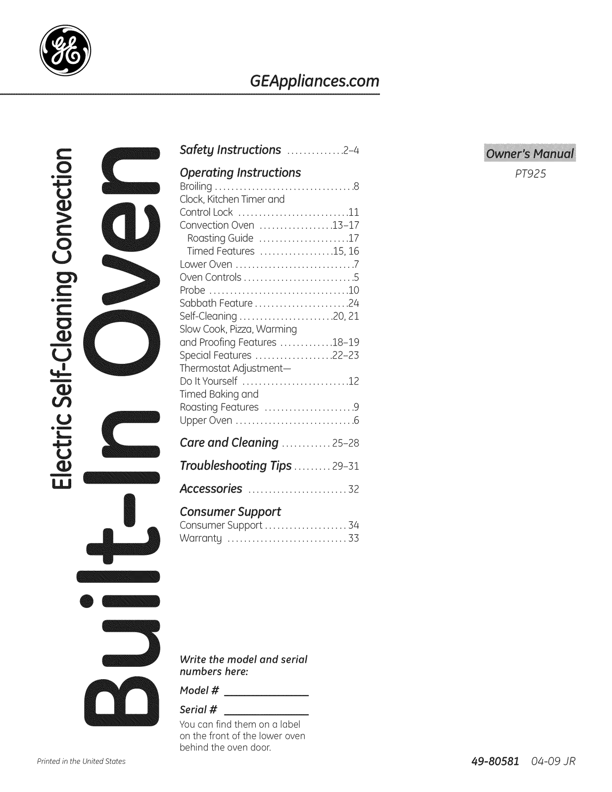 GE PT925SN4SS, PT925SN3SS, PT925SN2SS, PT925DN3BB, PT925DN2BB Owner’s Manual